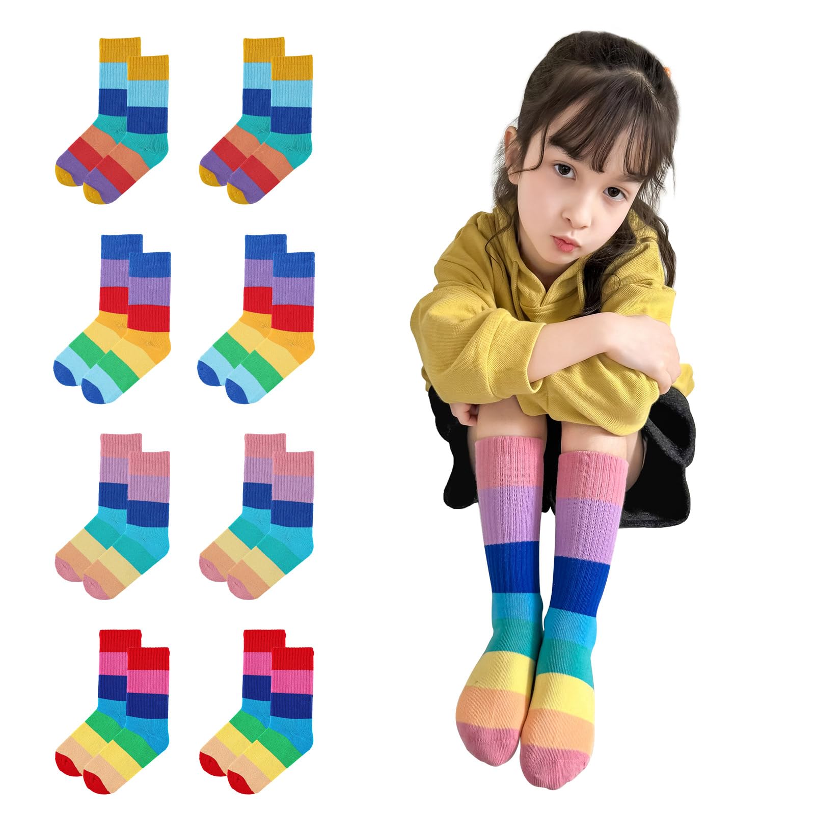 MINI PANDA 8 Pairs Girls Crew Socks - Colorful Rainbow Striped Cotton Socks for School, Sports & Everyday Wear