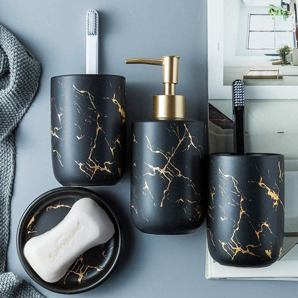 4-Piece Ceramic Bathroom Accessory Set - Marble Look Lotion Dispenser, Toothbrush Holder, Tumbler & Soap Dish | Modern Black Home Decor for Bathroom Organization & Stylish Vanity Display