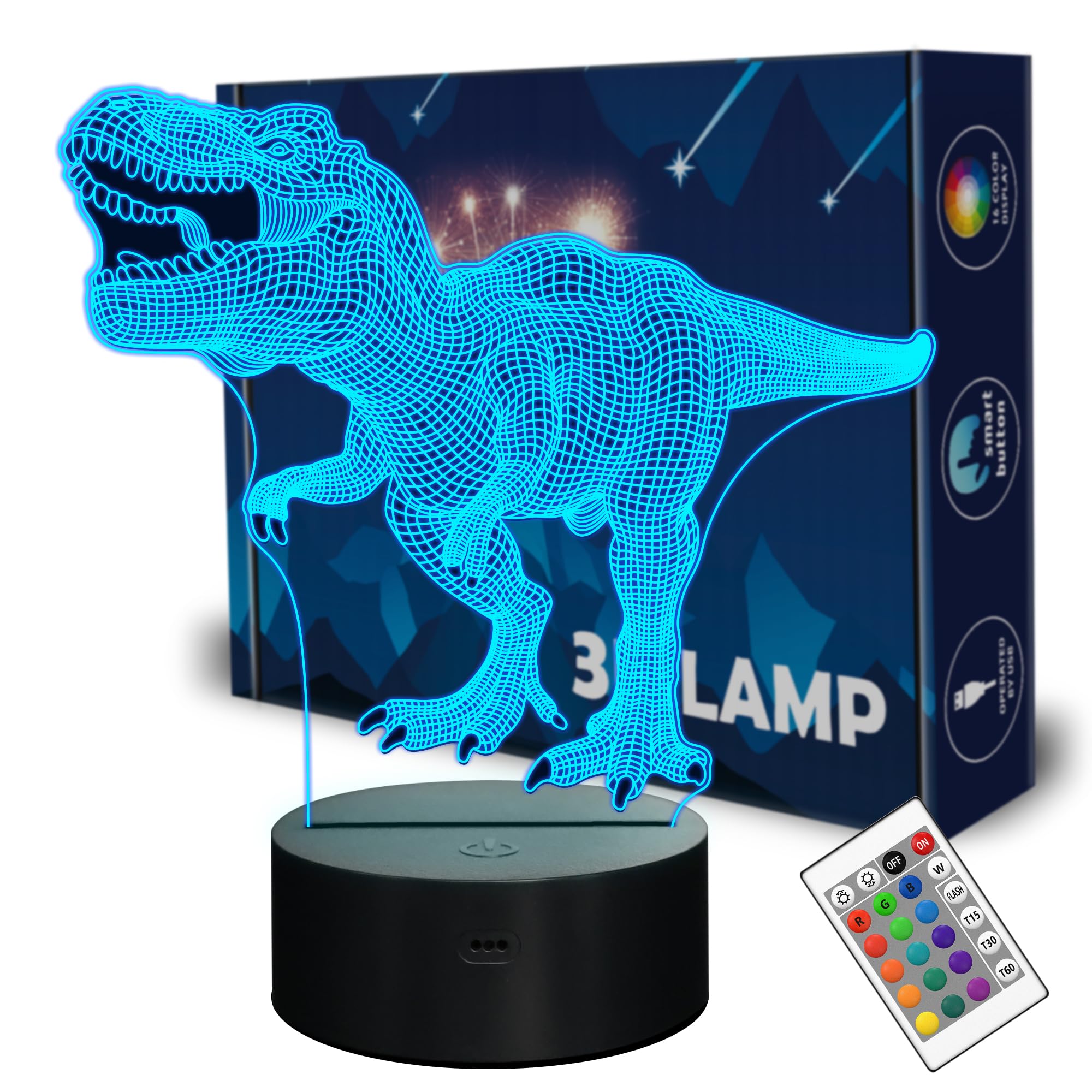 3D T-Rex Night Light for Kids - 16 Color Changing Dinosaur Lamp with Remote Control | Dinosaur Gifts for Boys Age 2-6 | Perfect for Bedroom, Nursery & Birthday Presents | Cool Night Light for Jurassic Theme Room Decor