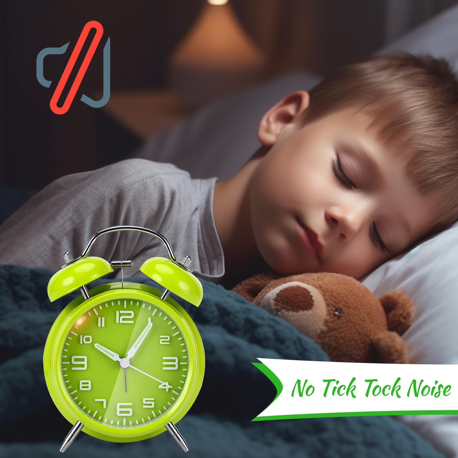 Gowkeey Silent Alarm Clock with Night Light & Luminous Hands - Non-Ticking Quartz Analog Bedside Clock, Double Bell Design (Green) | Perfect for Light Sleepers, Bedrooms, and Home Decor