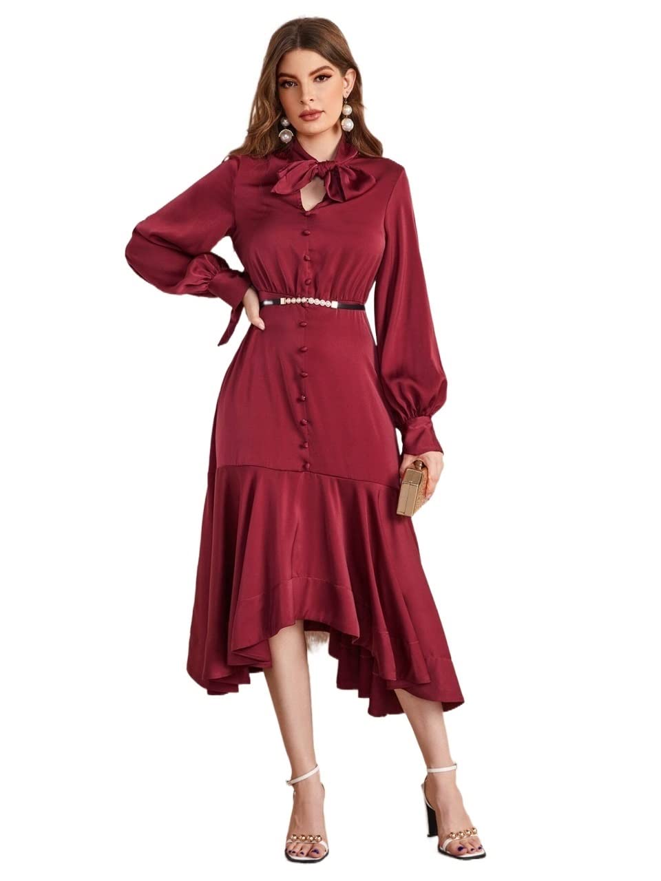IFAJOR Women's Summer Dress - Tie Neck Bishop Sleeve Ruffle Hem Satin Midi Dress | Casual Flowy Satin Dress for Women | Burgundy Medium | Perfect for Beach Vacations, Date Nights & Summer Parties