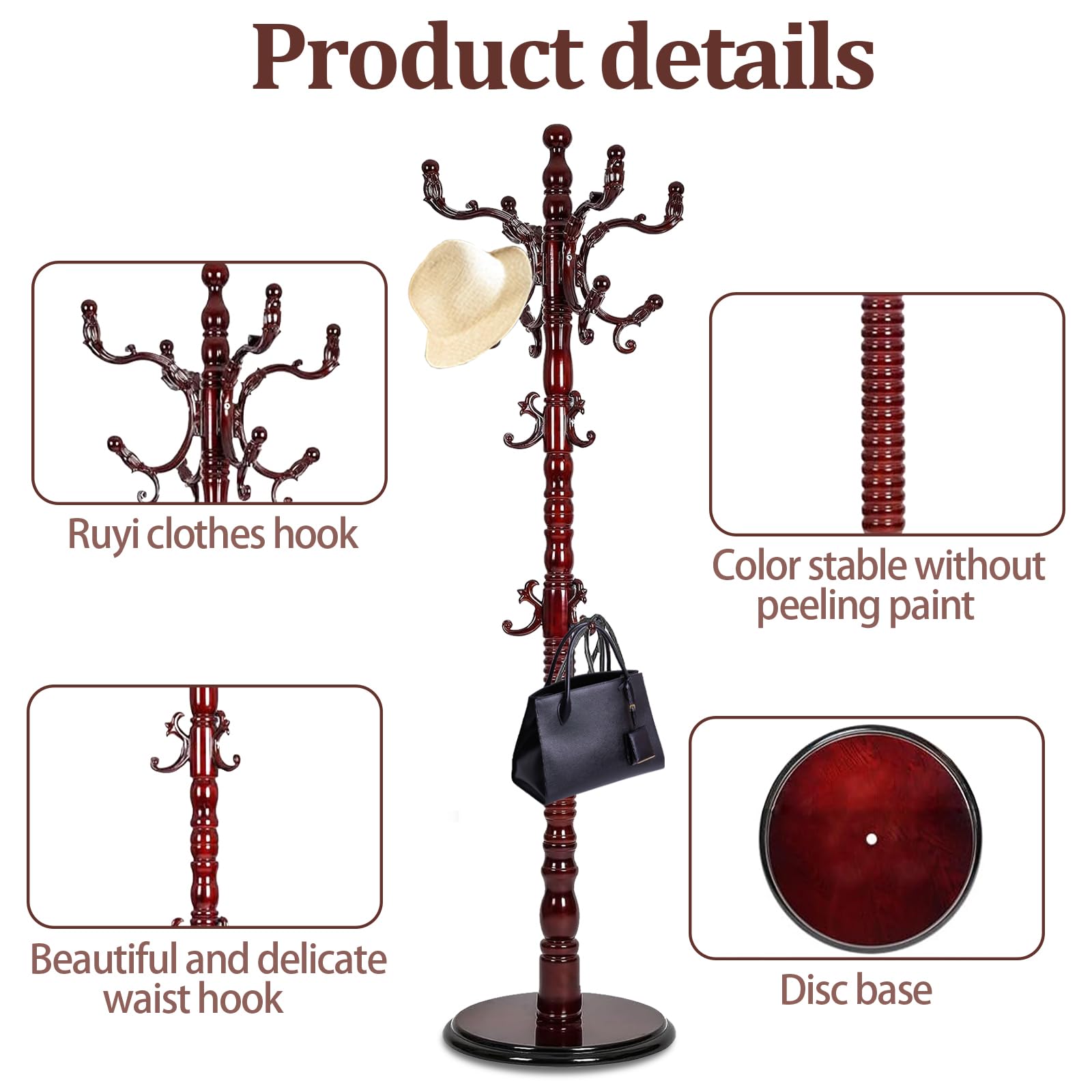 Premium Wooden Freestanding Coat Rack with 14 Hooks & Stable Disc Base - Black Red Tree Stand for Jackets, Hats, Scarves - Perfect for Home, Office & Entryway Organization