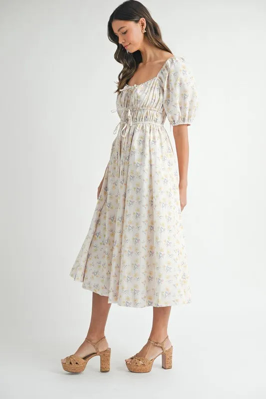 Floral Puff Sleeve Midi Summer Dress for Women - Boho Flowy Beach Dress with Ruffle Hem, Perfect for Vacation, Wedding Guest & Outdoor Parties