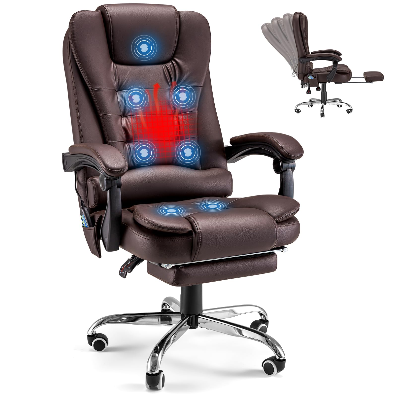 YODOLLA Ergonomic 7-Point Massage Office Chair with Heating - Brown Leather Reclining Computer Desk Chair with High Back & Retractable Footrest - Perfect for Home Office, Gaming & Workspace Comfort