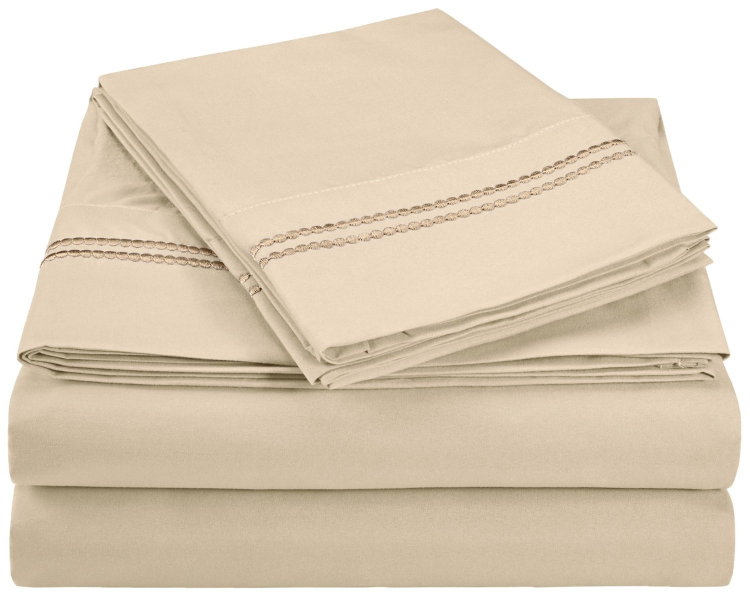 Premium 2-Line Bubble Embroidered King Size Sheet Set - 4 Piece Luxurious Silky Soft Brushed Microfiber Bedding - Wrinkle Free & Lightweight Tan Sheets for Master Bedroom & Guest Room Comfort