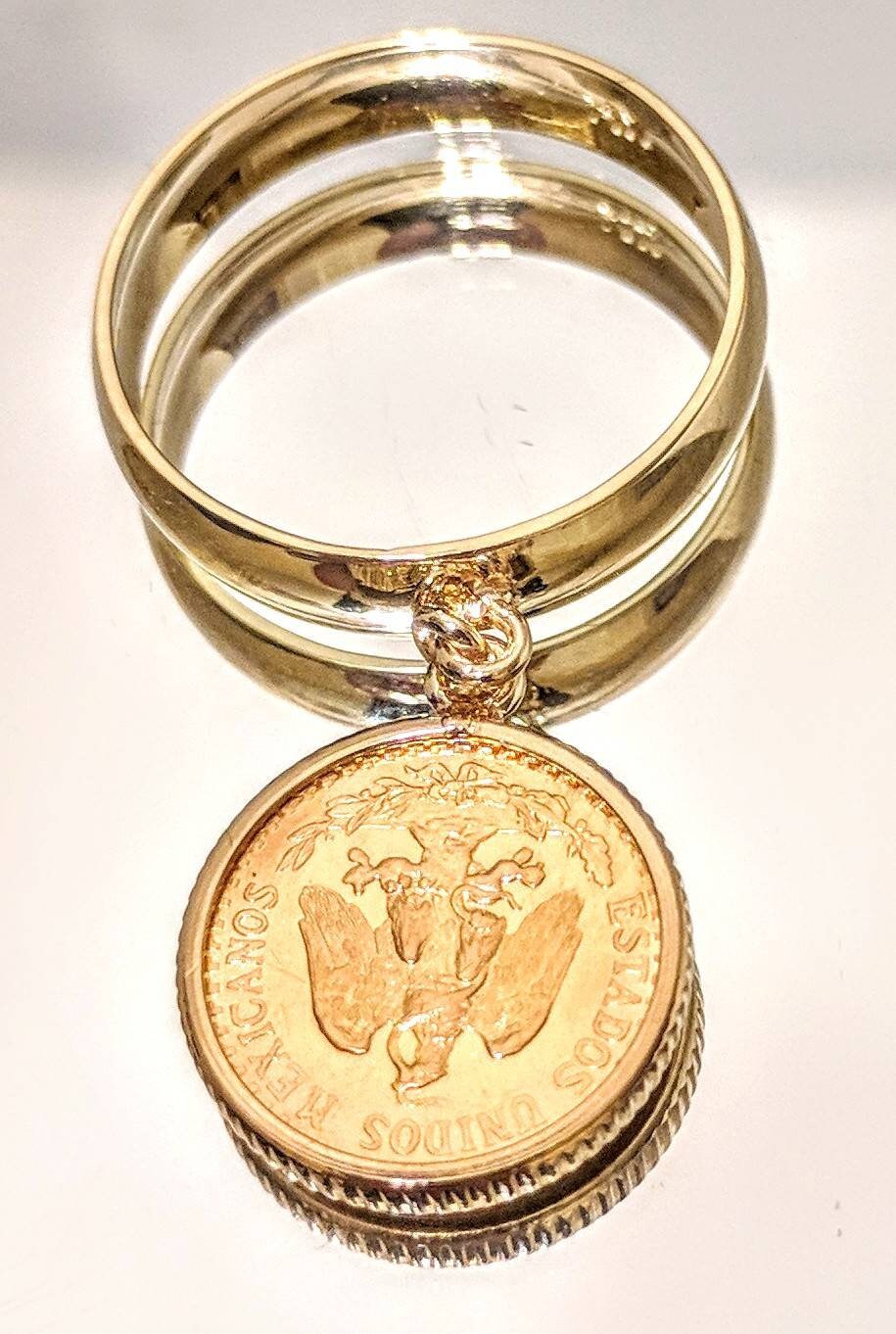 Authentic 2 Dos Peso Dangle Coin Ring in Solid 14K Gold Setting - Handcrafted in USA (Size 4-8) - Unique Vintage Jewelry for Women, Perfect Gift for Anniversary & Special Occasions