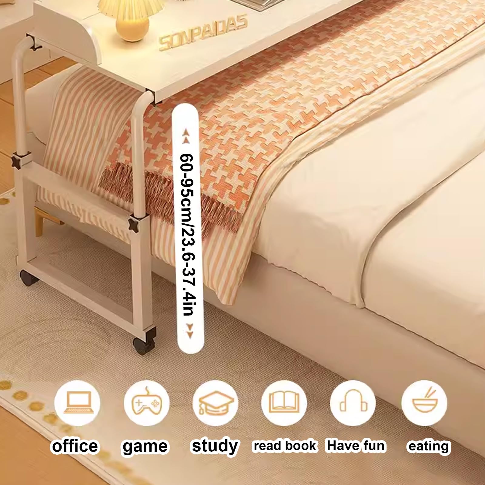 Adjustable Overbed Table with Wheels - King Size Rolling Tray Desk for Laptop, Writing, and Dining - Portable Overbed Desk for Living Room, Bedroom, and Hospital Use