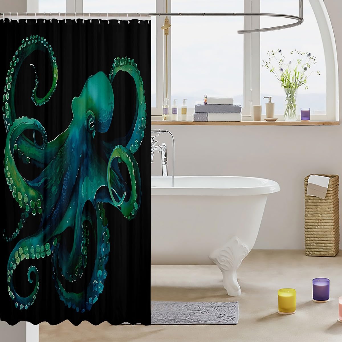 Waterproof Octopus Shower Curtain with Hooks - 72x72 Inch Washable Bathroom Decor, Vivid Marine Life Design for Kids & Coastal Theme Bathrooms | Perfect for Beach House, Nautical Nursery or Ocean-Themed Bathroom