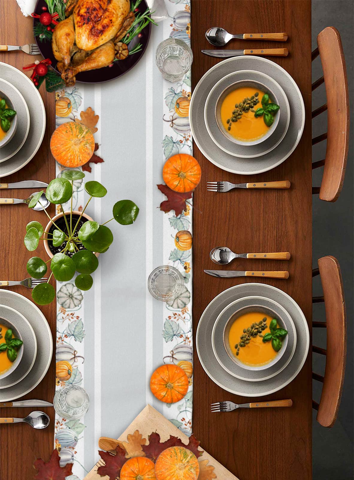 Thanksgiving Table Runner - 13x108 Inch Farmhouse Autumn Decor with Pumpkin & Maple Leaves - Rectangle Dining Table Scarf for Kitchen, Wedding, Party, Holiday & Outdoor Use - Perfect for Fall Gatherings and Seasonal Home Decor