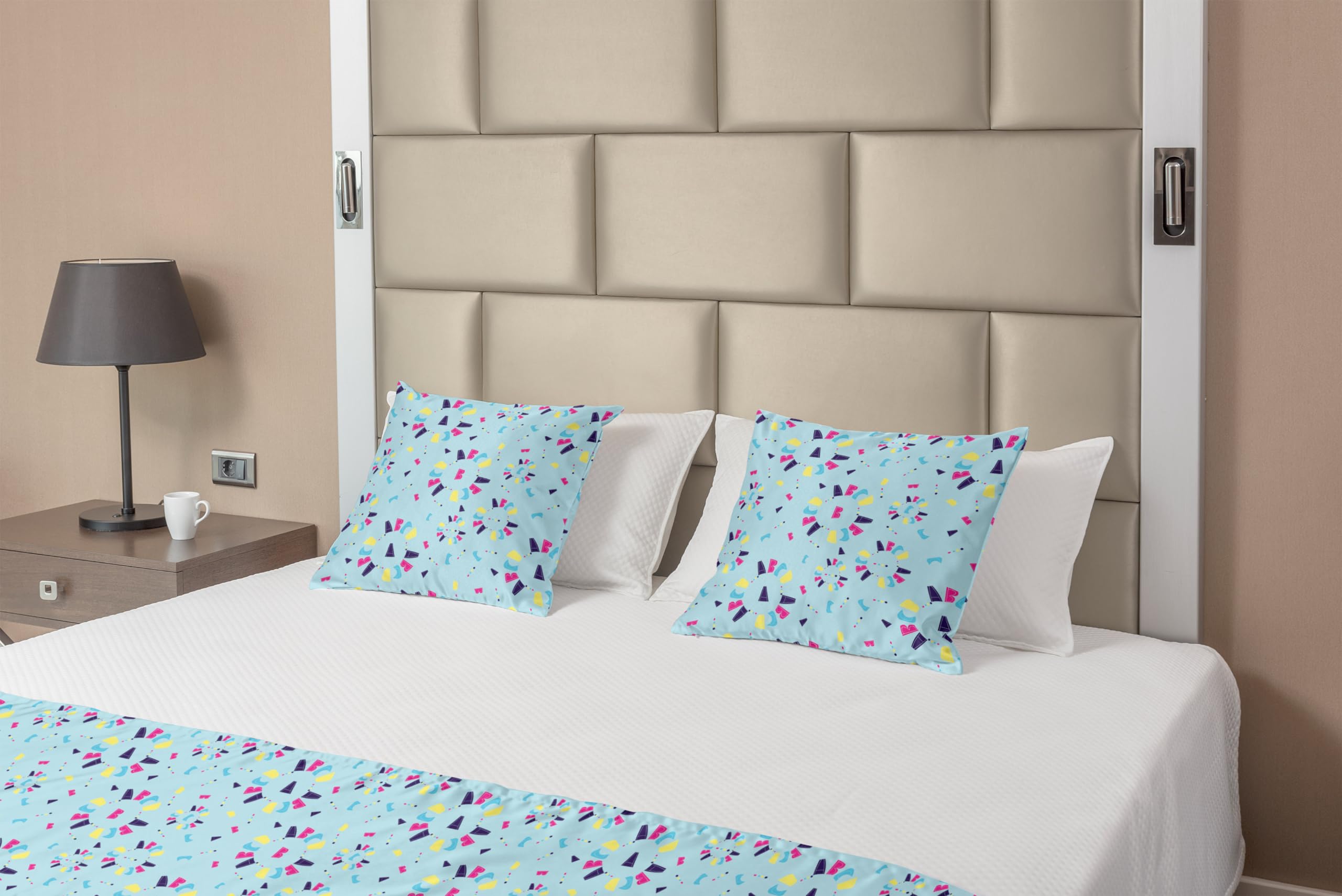 Ambesonne Alphabet Bed Runner Set with Polka Dot Circles - Whimsical Decorative Bed Scarf & 2 Pillow Shams for Queen Beds in Aqua Indigo | Perfect for Hotels, Homes & Nursery Decor