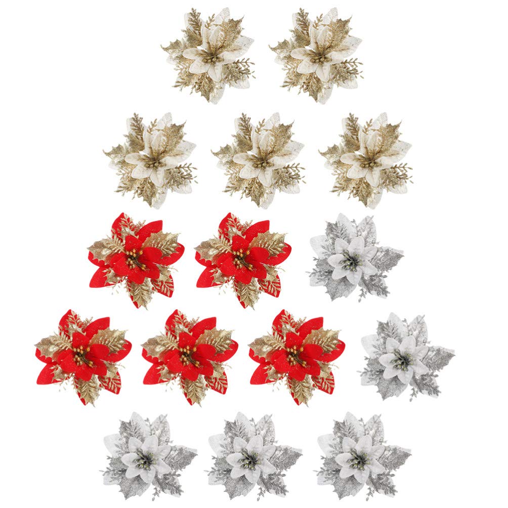 15Pcs Christmas Poinsettias Artificial Flowers - Mini Gold Dust Floral Decor for DIY Garland, Tree, Wreath & Holiday Home Decoration | Perfect for Xmas Party, Mantel, Table Centerpiece