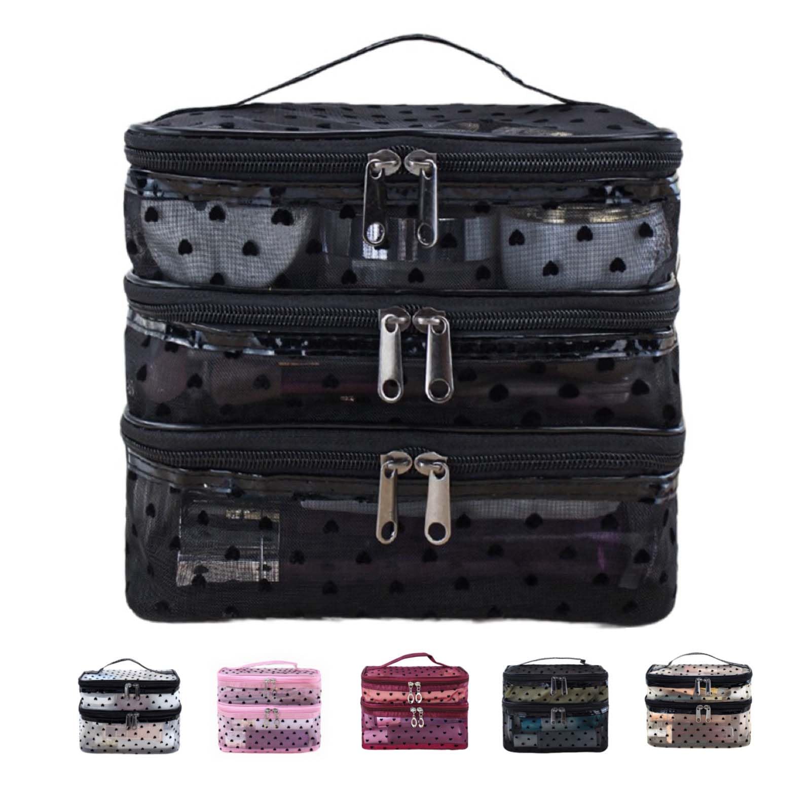 Double Layer Mesh Makeup Bag for Women - Travel Cosmetic Organizer (Black) for Toiletries & Essentials
