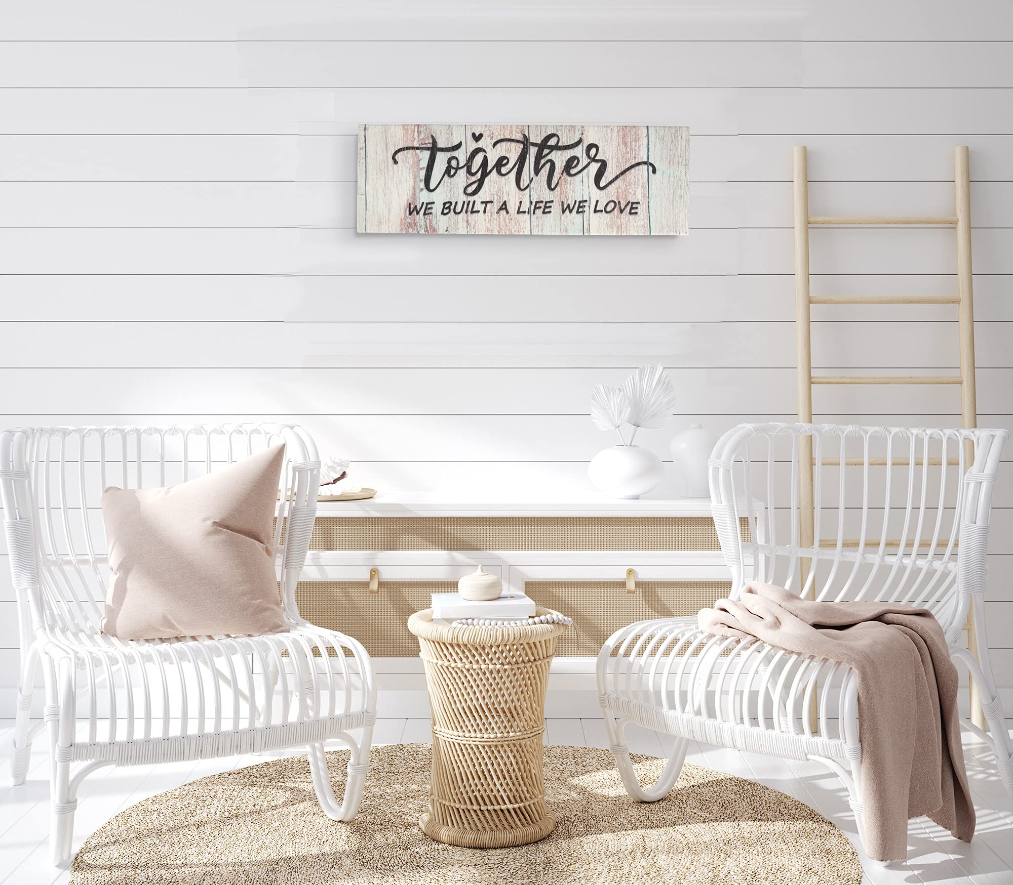 Together We Built A Life We Love - 6x17 Inch Rustic Farmhouse Wall Art Sign, Stretched Canvas Quote Decor for Living Room, Bedroom & Home Office