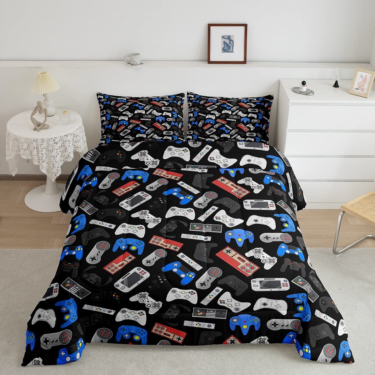 Feelyou Video Game Comforter Set - Queen Size Gaming Bedding with Console Gamepad Print, 3-Piece Set (1 Duvet & 2 Pillowcases) - Perfect for Gamers' Bedroom Decor & Gaming Themed Sleepovers