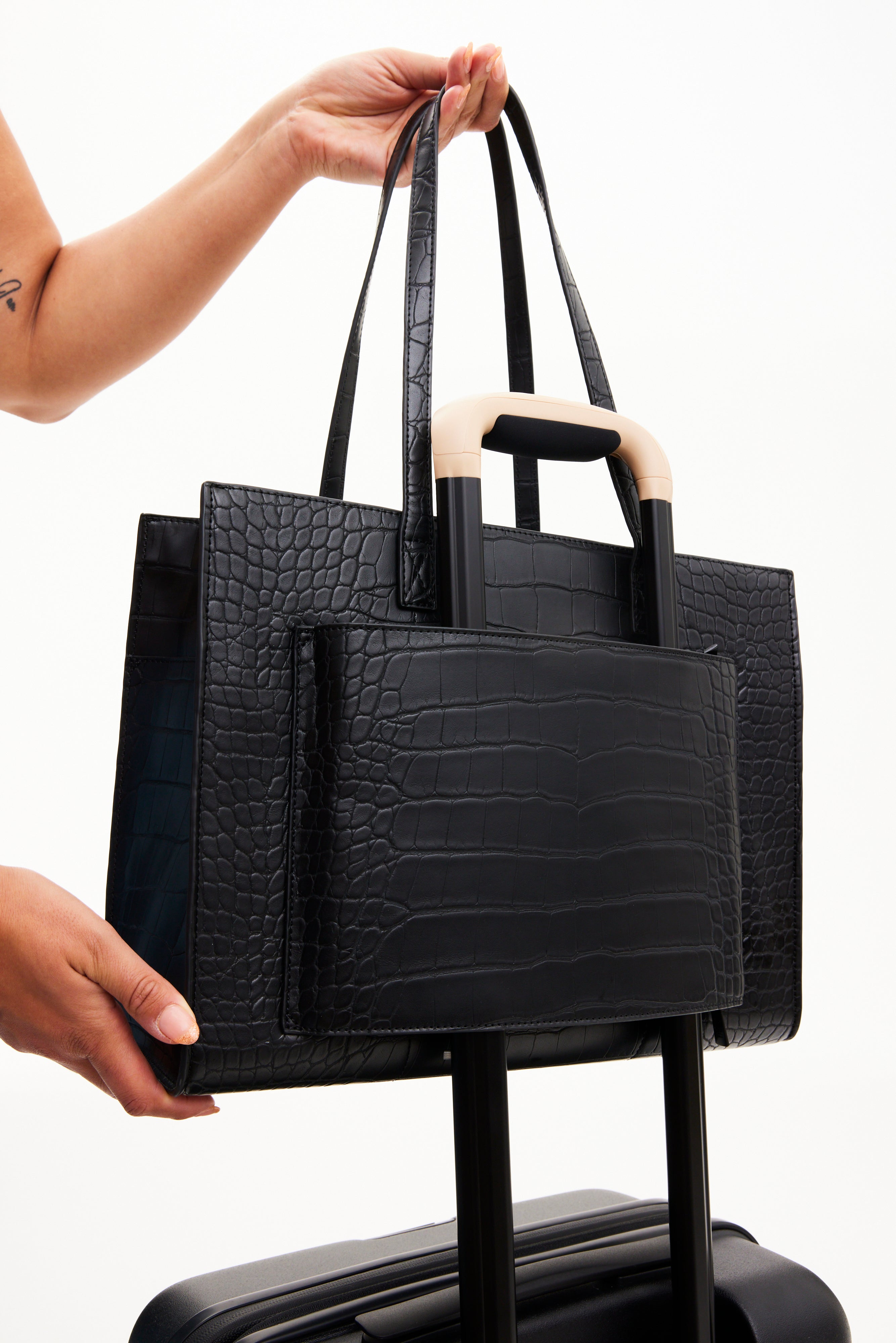 Premium Black Crocodile Embossed Leather Work Tote Bag for Women - Stylish & Durable Office Bag, Professional Laptop Tote for Business, Commute & Travel