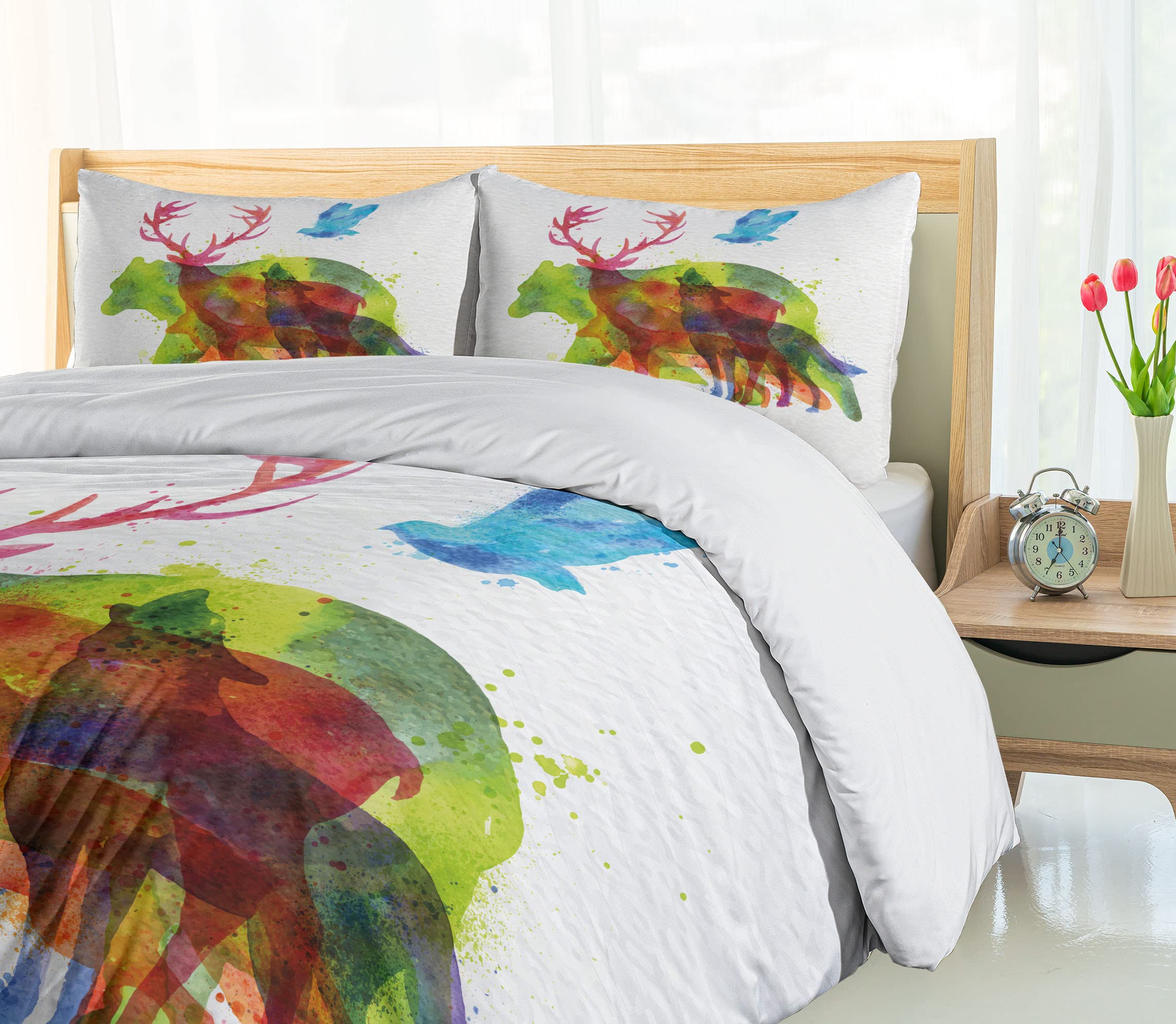 Ambesonne Abstract Animal Duvet Cover Set - Alaska Wildlife Bears Wolves Eagles Deer Print, 3-Piece California King Bedding with 2 Pillow Shams in Pink & Green | Perfect for Nature Lovers' Bedroom Decor, Cozy Cabin Retreats & Wildlife-Themed Home Styling