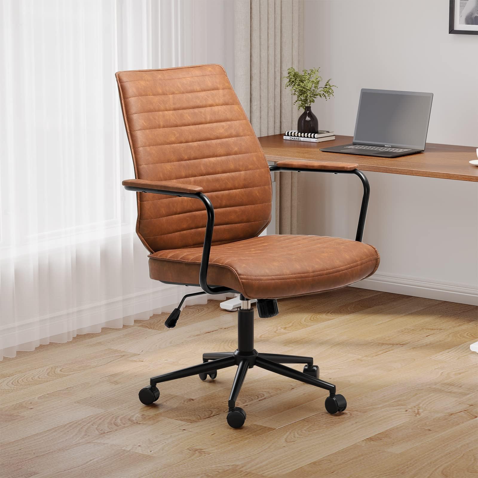 Premium Brown Executive Office Chair - Adjustable Leather Mid Back Swivel Desk Chair with Padded Armrests - 400lbs Weight Capacity - Ergonomic Computer Chair for Home Office, Conference Room & Workspace - Ideal for Professionals & Long Work Sessions