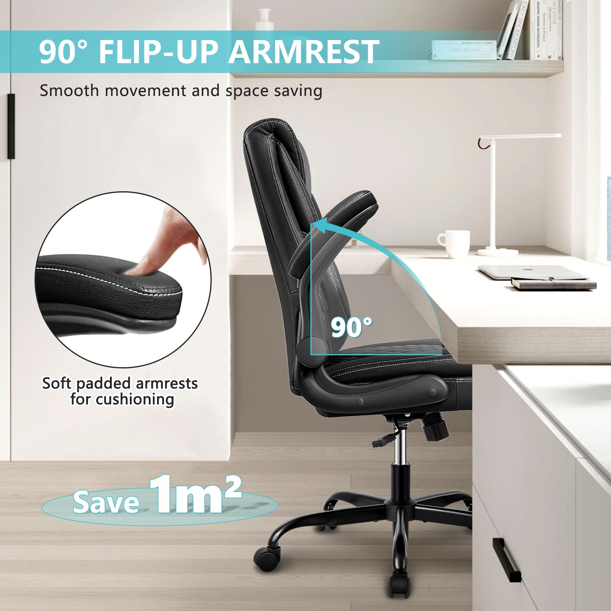 Premium Ergonomic Office Chair - Executive Leather Desk Chair with Adjustable Flip-Up Arms & Lumbar Support - Swivel Task Chair with Rocking Function for Home Office, Computer Work & Gaming (Black) - Perfect for Long Work Hours & Comfortable Workspaces