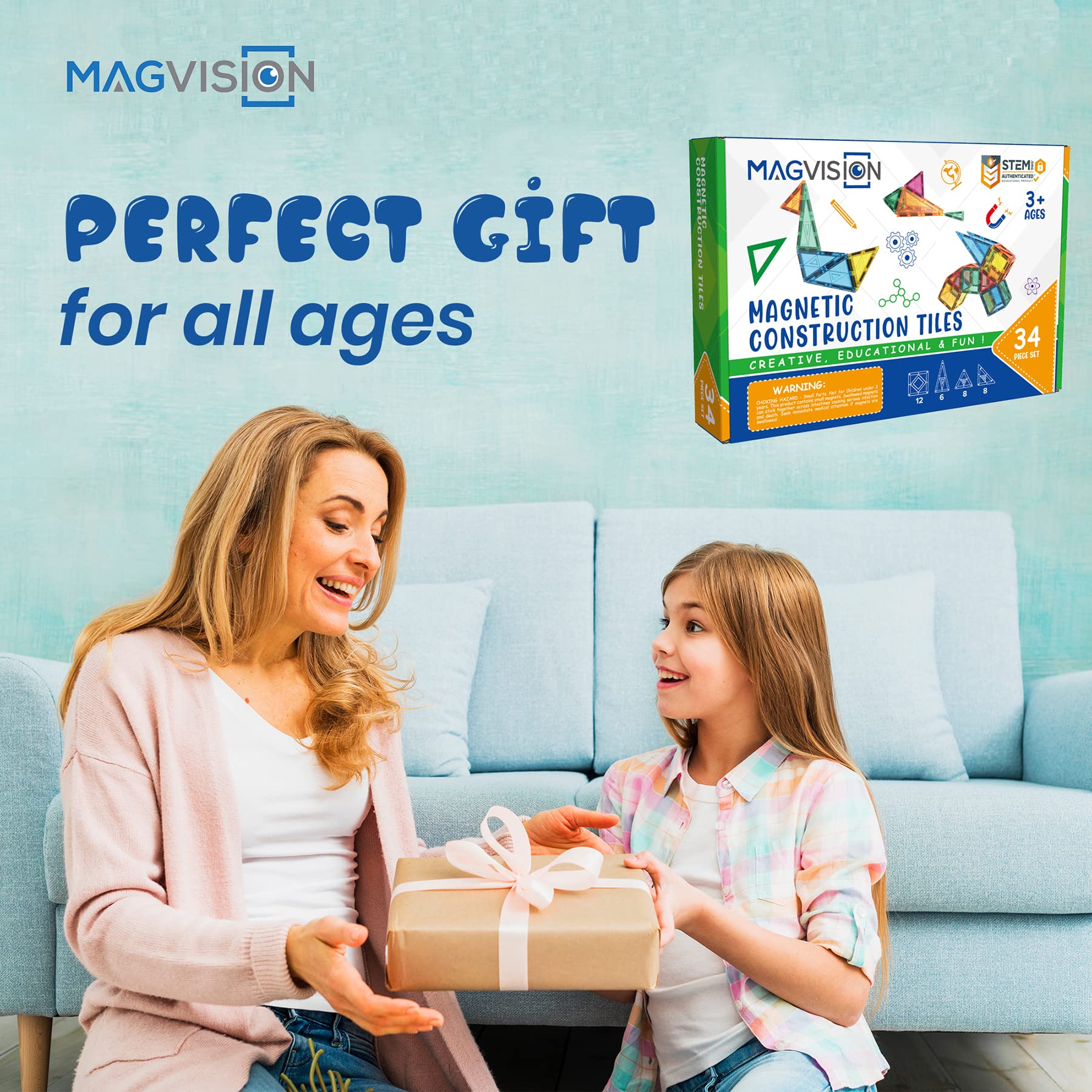 MagVision 34-Piece Magnetic Building Tiles Set - STEM Educational Toys with Extra Strong & Safe Magnets for Kids Ages 3+ | Creative Construction, Early Learning & Sensory Play for Toddlers & Preschoolers