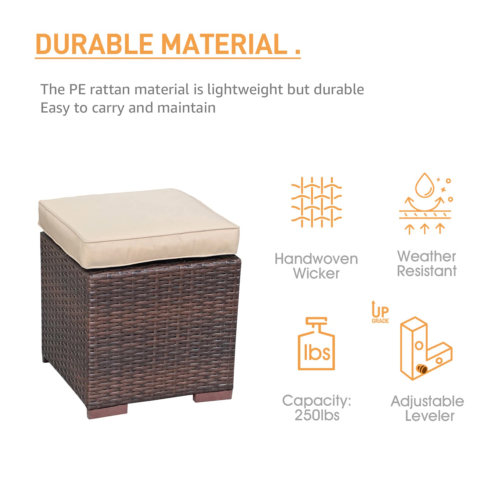 2-Piece Dark Brown Wicker Rattan Patio Ottoman Set with Beige Cushions - All-Weather Indoor/Outdoor Footstool & Seat - No Assembly Required - Perfect for Poolside, Garden, Deck, and Living Room Relaxation