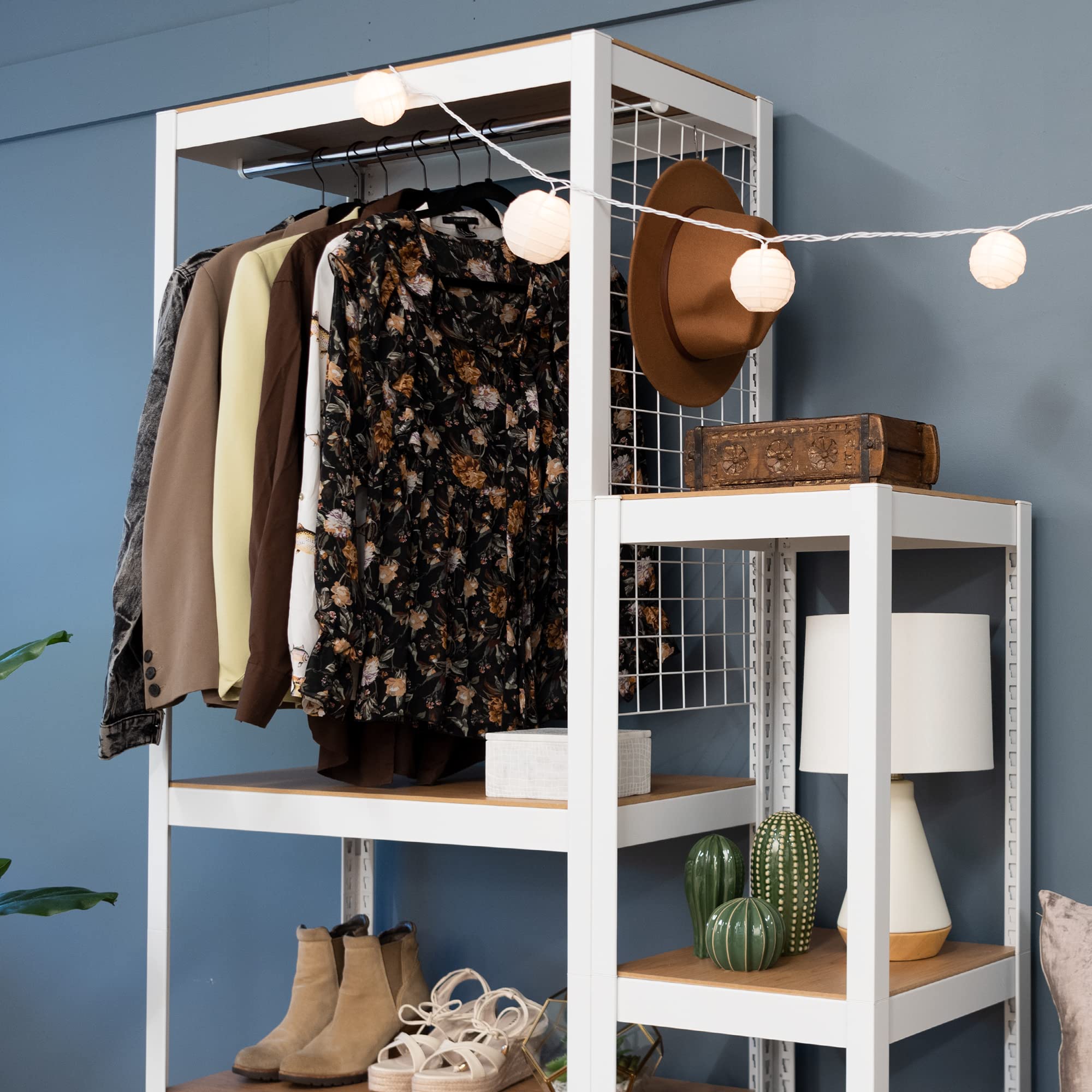 Best 2-Tier Clothing Rack with Modular Shelving & Mesh Storage Board - White | Customizable Home Organization for Bedroom, Closet & Laundry Room