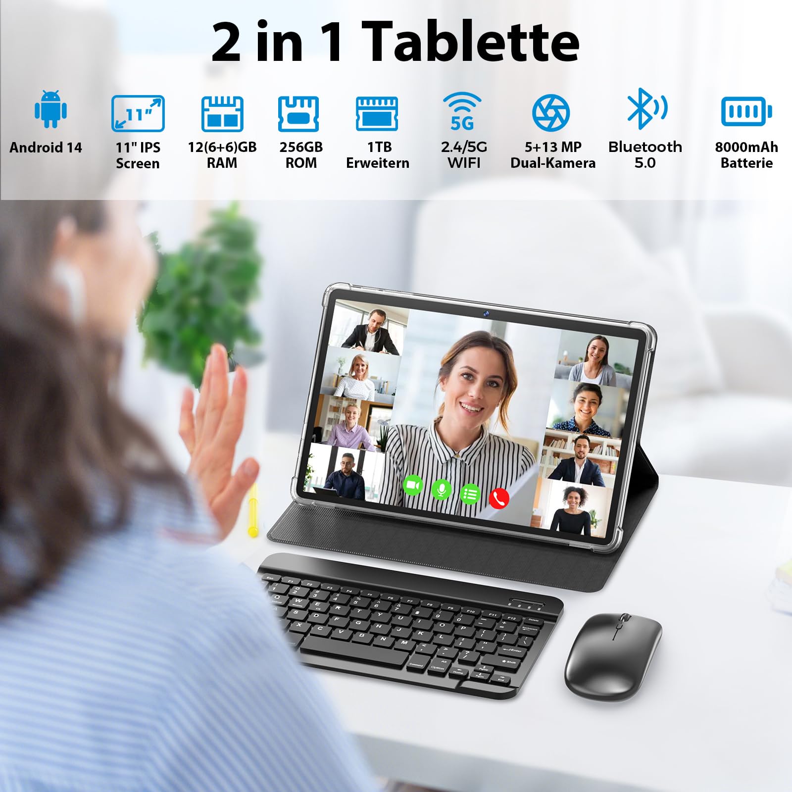 11 Inch Android 14 Tablet with Keyboard - 12GB RAM 256GB Storage (1TB Expandable) - Octa-Core Processor, 8000mAh Battery, Dual-Band WiFi - 13MP+5MP Camera - 2-in-1 Tablet Bundle with Keyboard Case, Mouse & Stylus (Black) - Perfect for Work, Study & Entertainment