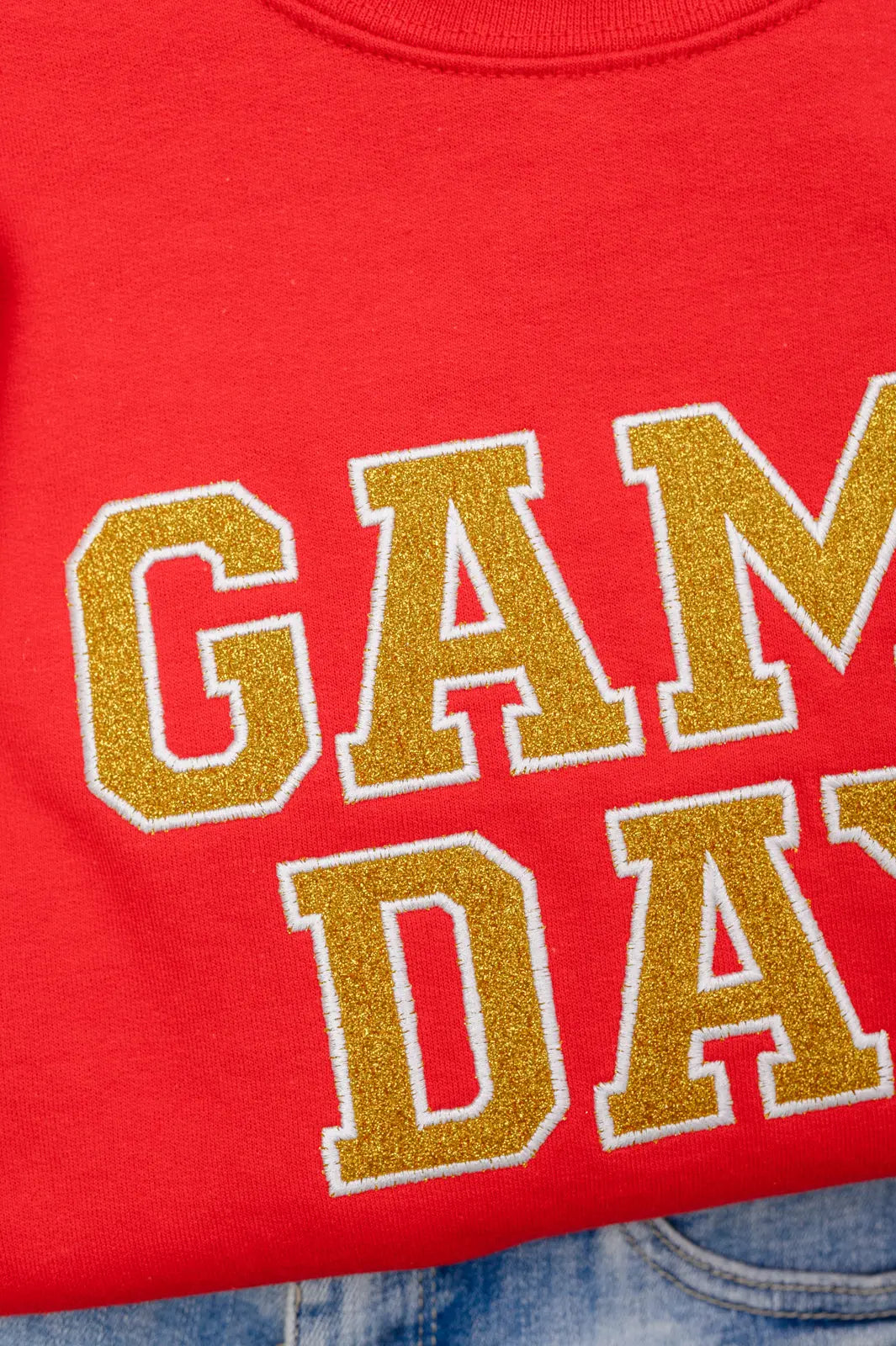 PREORDER: Embroidered Glitter Game Day Sweatshirt - Red & Gold Team Spirit Pullover for Football, Basketball & Tailgate Parties | Comfortable Fan Apparel for Sports Events & Casual Wear