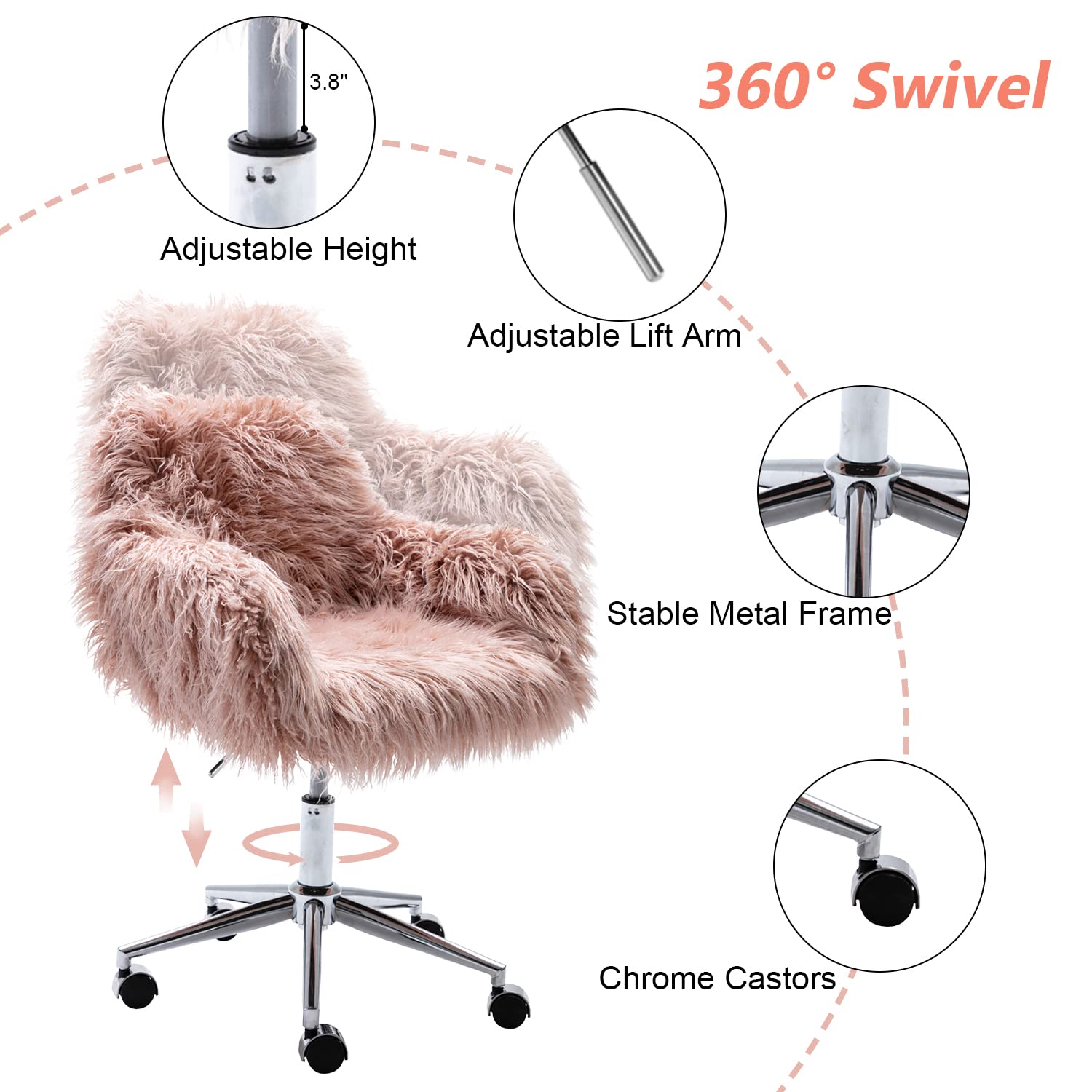Yoluckea Modern Faux Fur Desk Chair - Adjustable Swivel Vanity Accent Chair with Soft Faux Fur, Pink Office Chair for Women & Girls - Perfect for Home Office, Living Room, Bedroom & Dressing Room Makeup Station