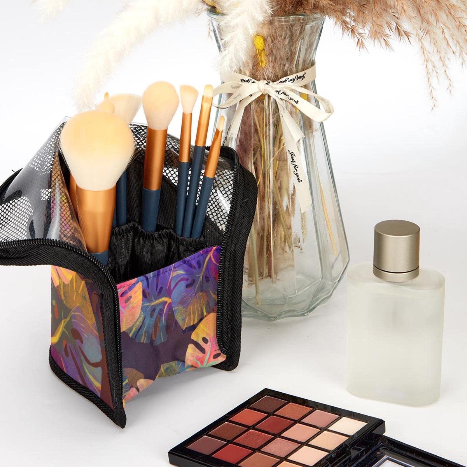 12-Piece Makeup Brush Organizer Bag with Tropical Watercolor Leaves Design - Portable Makeup Brush Holder Case for Travel & Home Storage