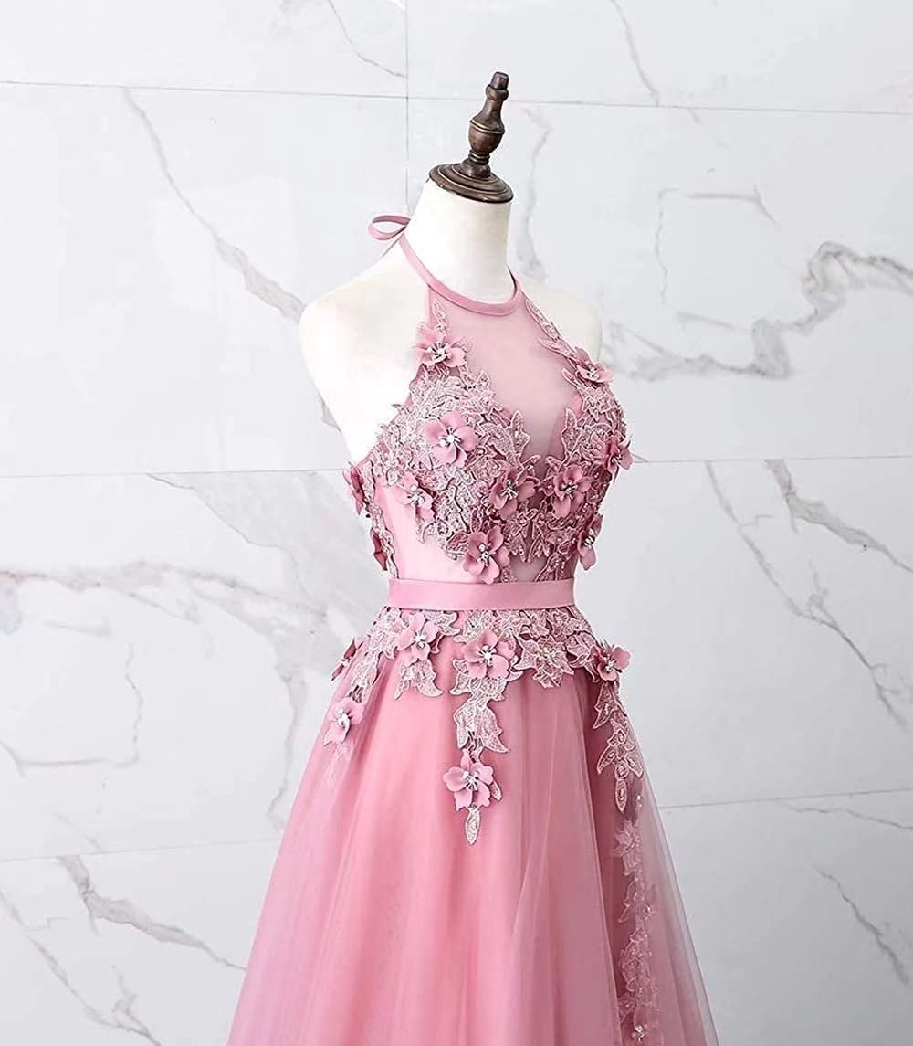 FTBY Women's Elegant Halter Neck Prom Dress with Tulle & Lace Appliques | Backless Formal Evening Gown for Homecoming, Wedding Guest, Cocktail Party | Long A-Line Ball Gown for Special Occasions