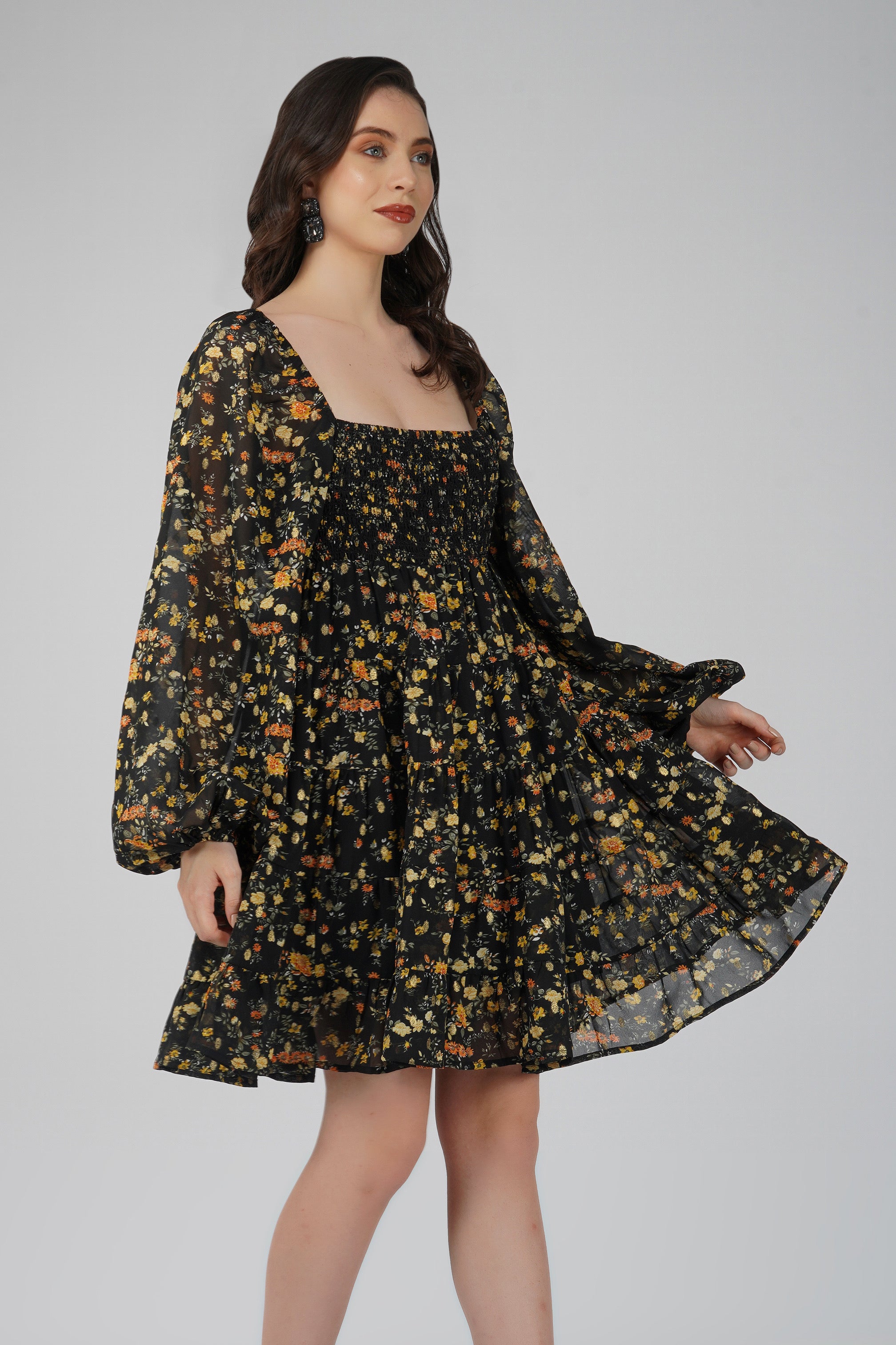 Biba Mini Dress in Black Floral Print - Elegant Flowy Summer Dress for Women, Perfect for Parties, Dates & Beach Vacations