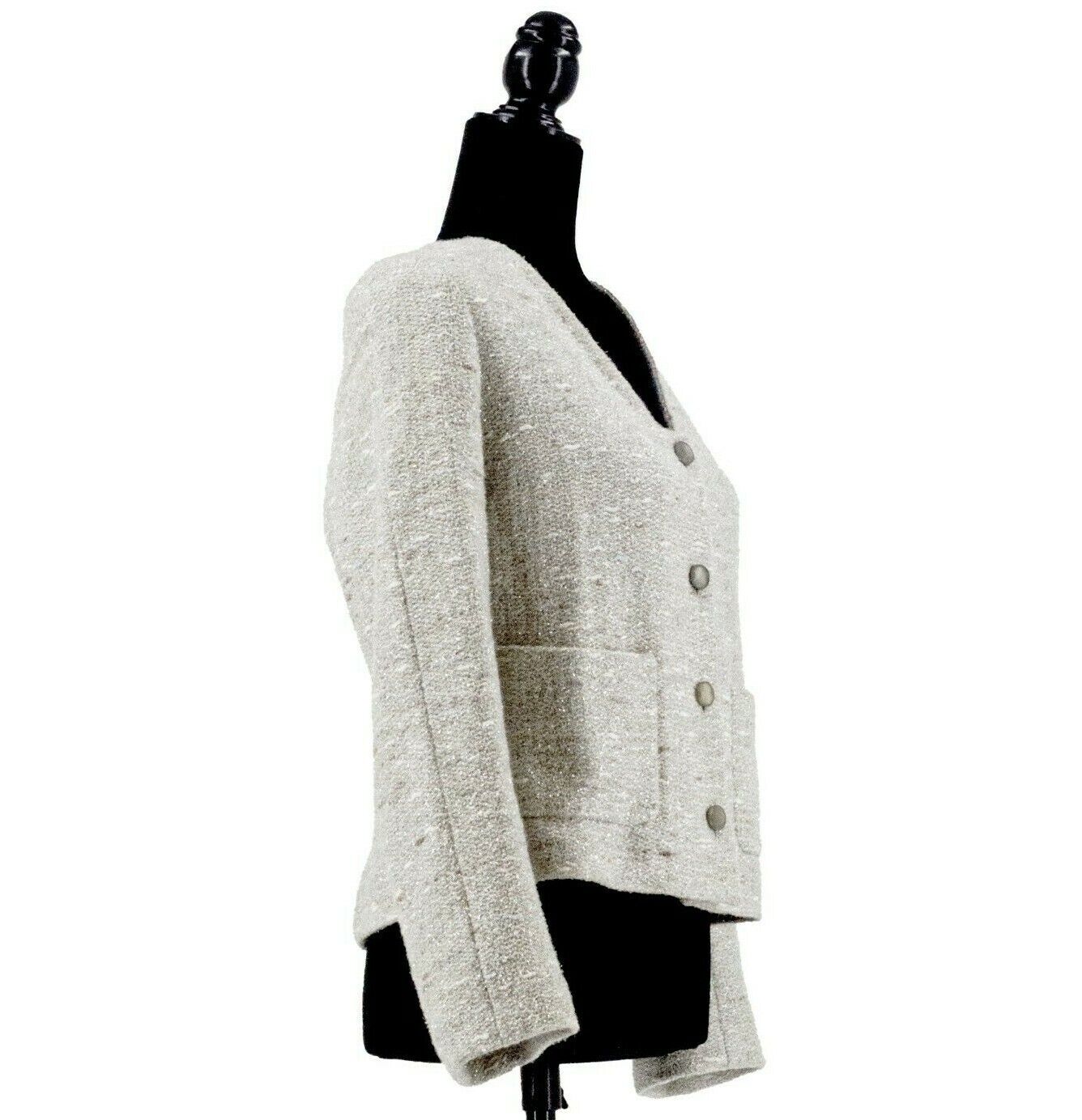 Chanel Metallic Tweed Jacket for Women - Grey, Silver & White with CC Buttons - Size S - Perfect for Evening Parties & Luxury Fashion Events