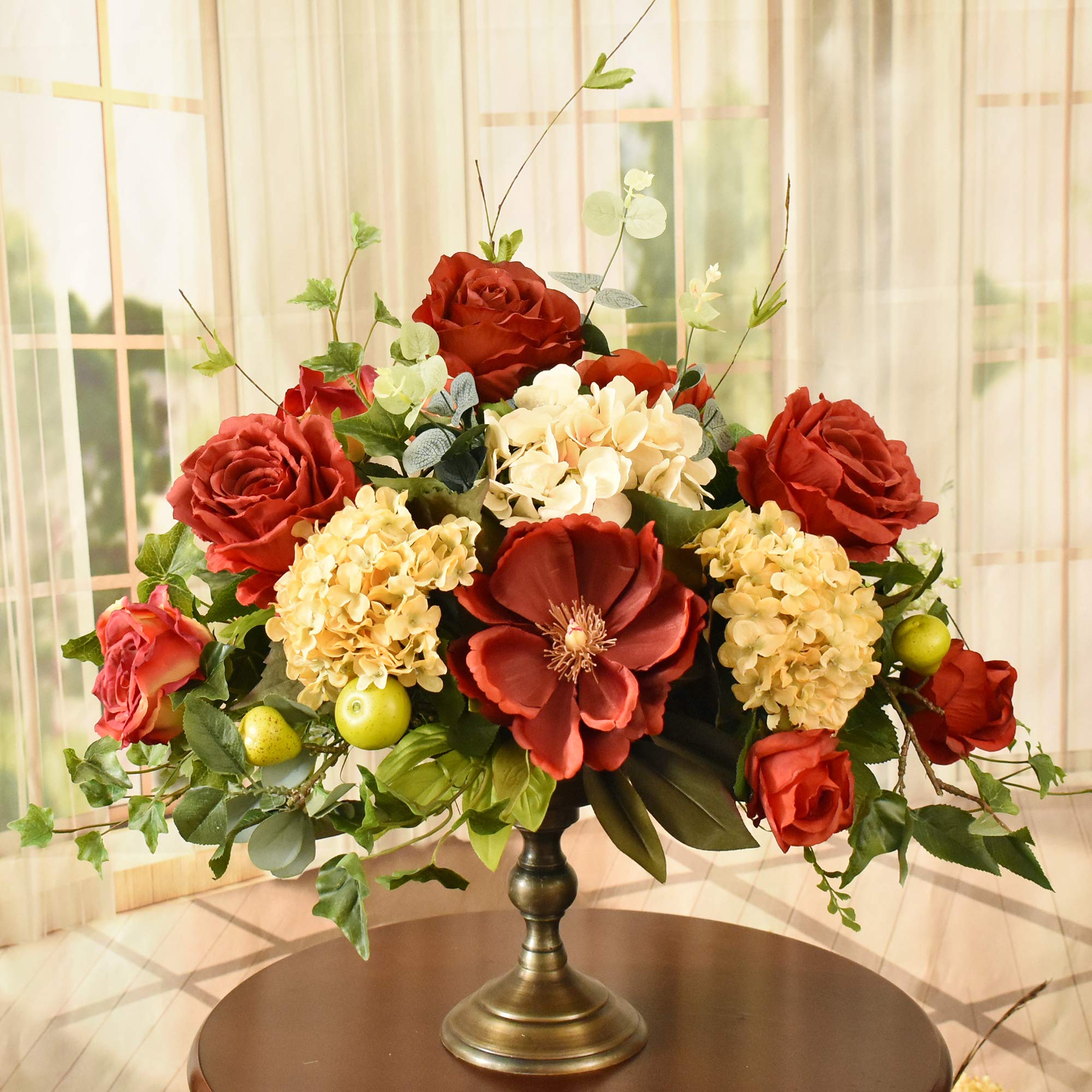 Elegant Rose and Hydrangea Silk Floral Arrangement in Pedestal Vase - Perfect for Wedding Centerpieces, Home Decor, and Dining Table Decorations
