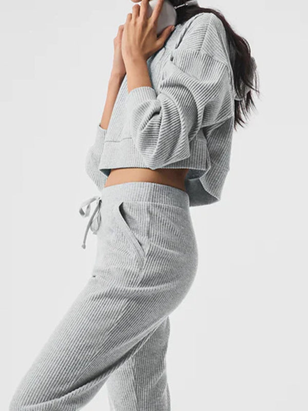 ZASUWA Women's Velvet Ribbed Pocket Hooded Tracksuit Set - Soft Lounge Wear for Home, Gym & Casual Outfits