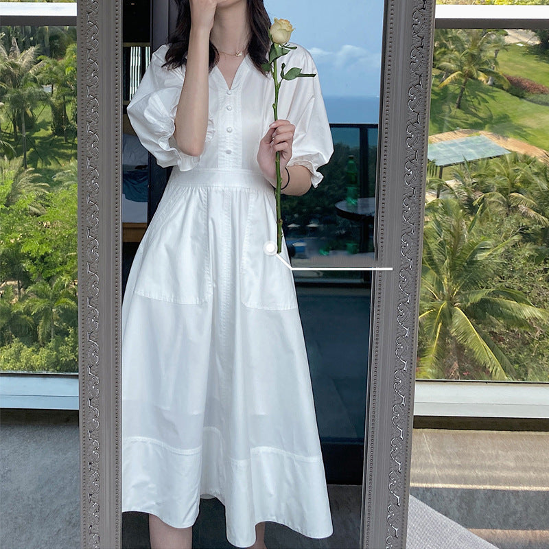 Women's Summer Dress with V-Neck & Puff Sleeves - Flowy Casual Sundress for Beach, Party & Everyday Wear