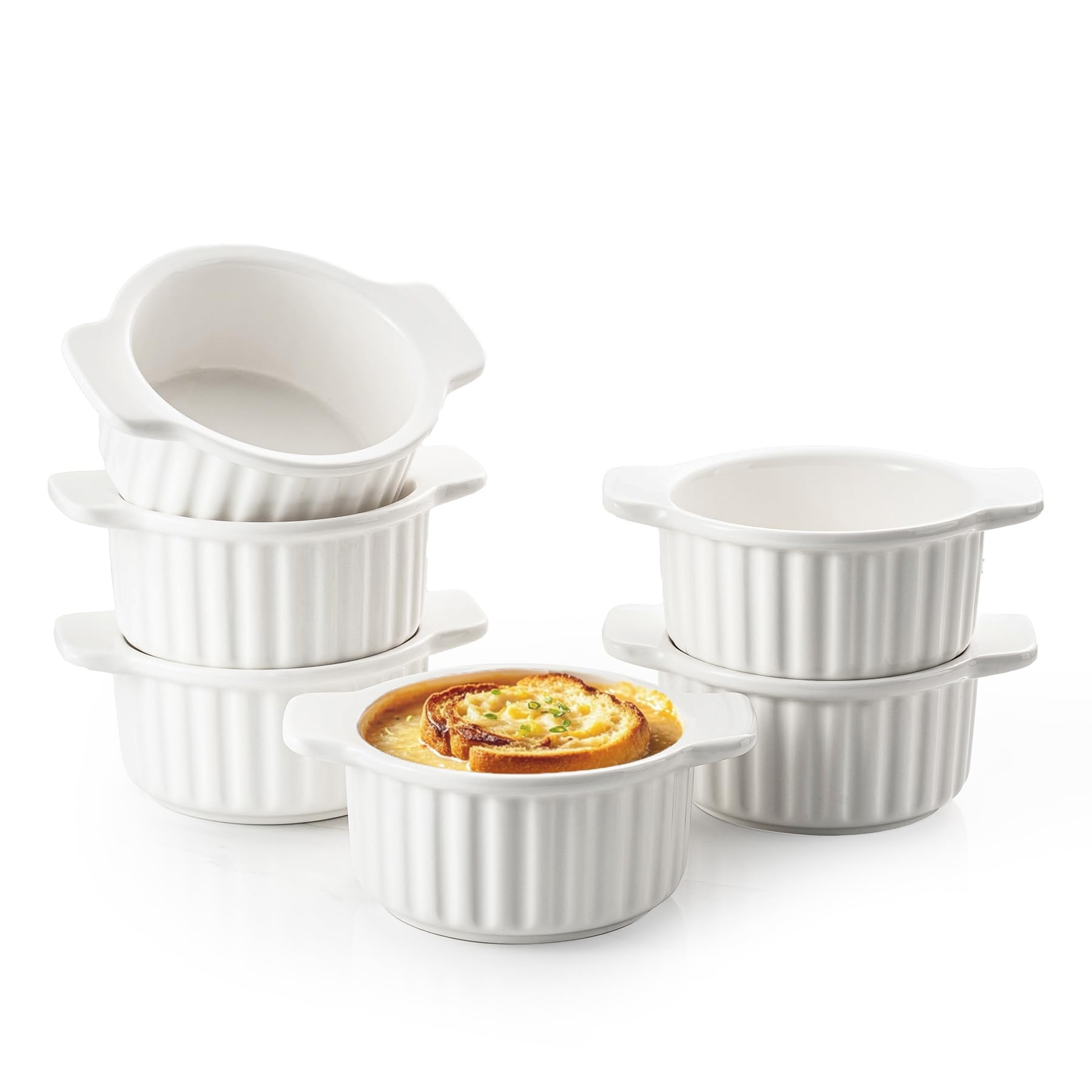 12 Oz French Onion Soup Bowls with Handles - Set of 6 Oven-Safe Ramekins for Beef Stew, Chili, Cereal & Dessert | Perfect for Baking, Serving & Entertaining