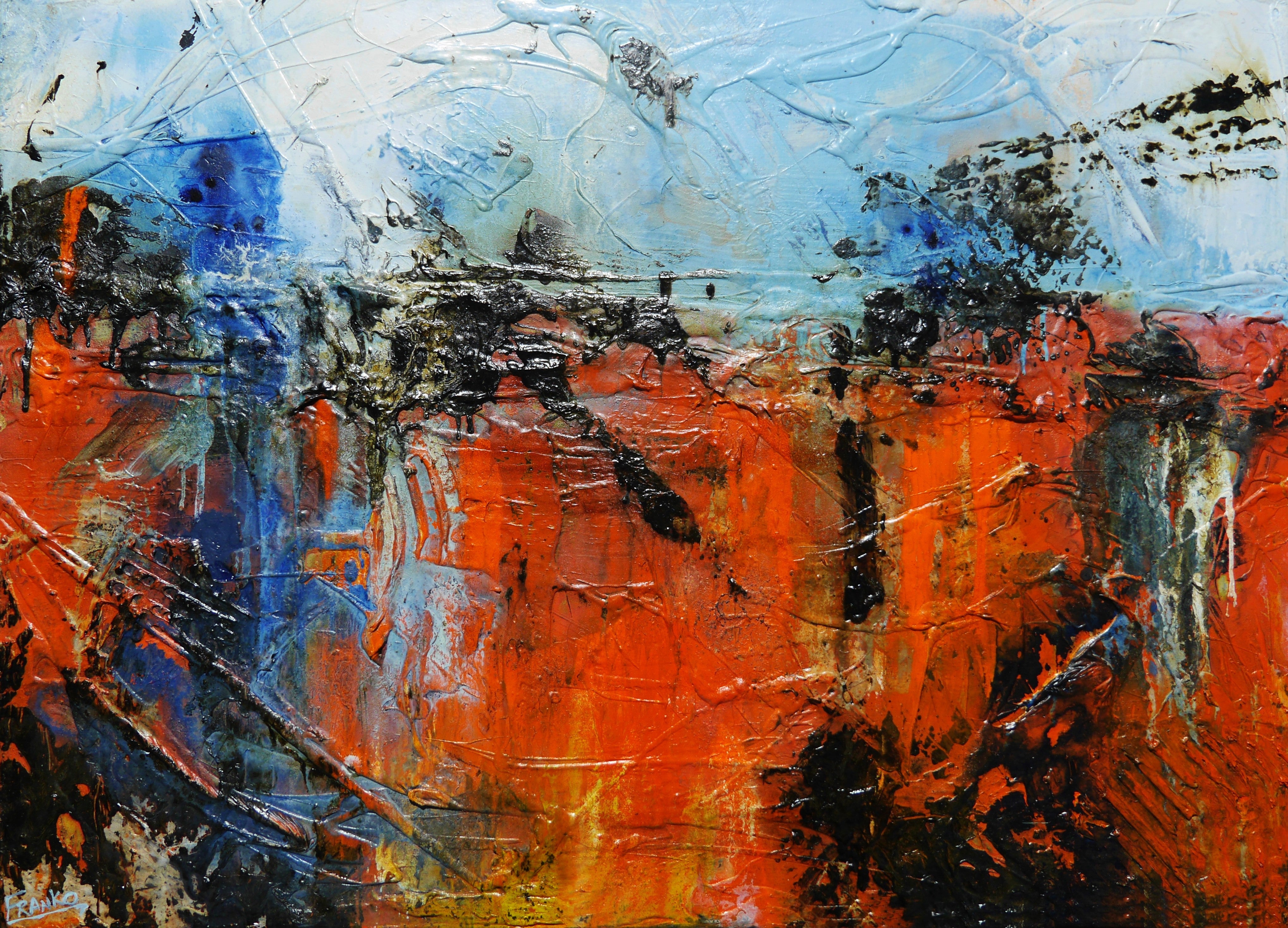 Orange Regatta 140cm x 100cm Textured Abstract Painting in Orange & Blue - Modern Wall Art for Living Room, Bedroom, or Office Decor