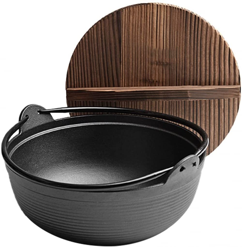 Zhouye Cast Iron Soup Pot - Uncoated Non-Stick Hot Pot for Shabu Shabu, Nabe & Portable Cooking (25cm-29cm) with Wooden Lid - Perfect for Home Kitchen & Restaurant Use, Indoor/Outdoor Dining & Asian Cuisine