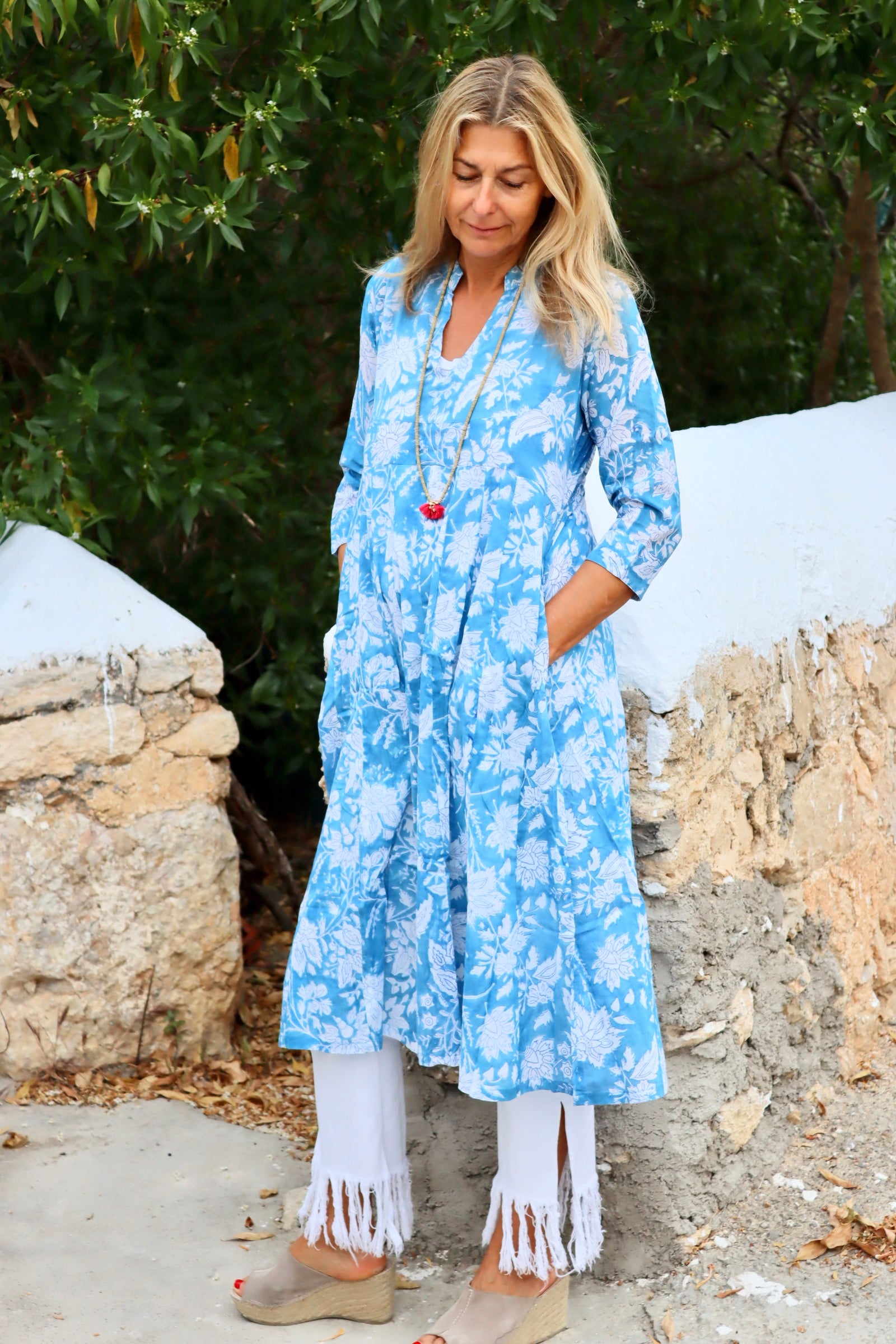 Anarkali Ibiza Blue Hand Block Print Boho Tunic Kaftan Dress - Perfect for Beach Vacations, Summer Parties & Boho Chic Outfits