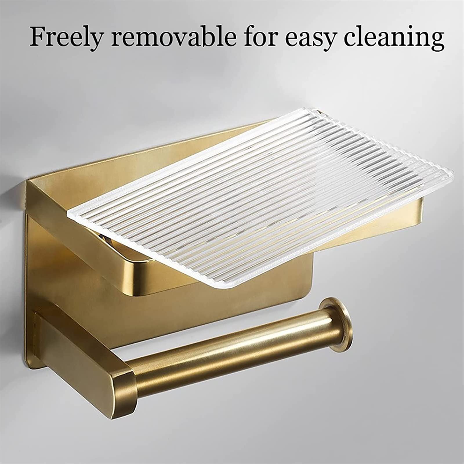 Stainless Steel & Acrylic Wall Mount Toilet Paper Holder with Shelf - Brushed Gold Bathroom Tissue Roll Holder & Towel Rack for Hotel, Kitchen & Home Use - Perfect for Bathroom Organization & Space Saving Storage