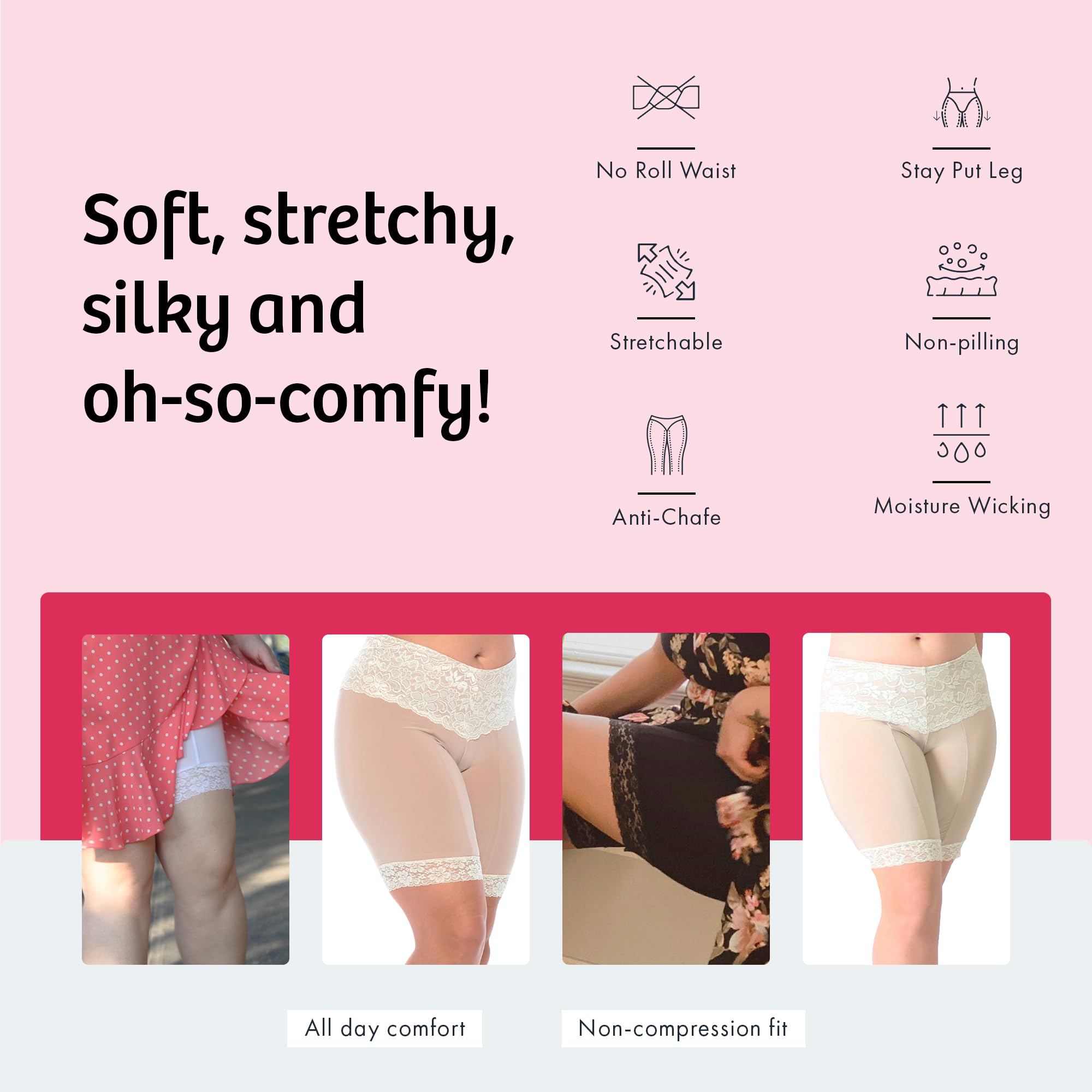 Undersummers Lace Slip Shorts for Women - 9” Inseam Anti-Chafing Shorts Under Dresses - Comfortable Lingerie for Summer Wear, Work, and Special Occasions