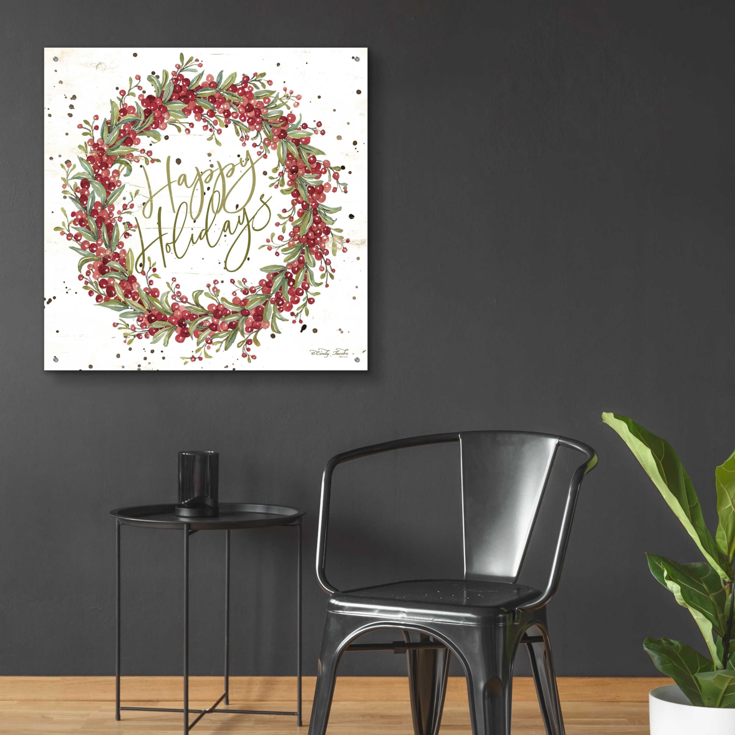 Happy Holidays Berry Wreath Acrylic Glass Wall Art - 36x36 Inch Christmas Decor by Cindy Jacobs - Perfect for Living Room, Bedroom, or Office Holiday Decoration