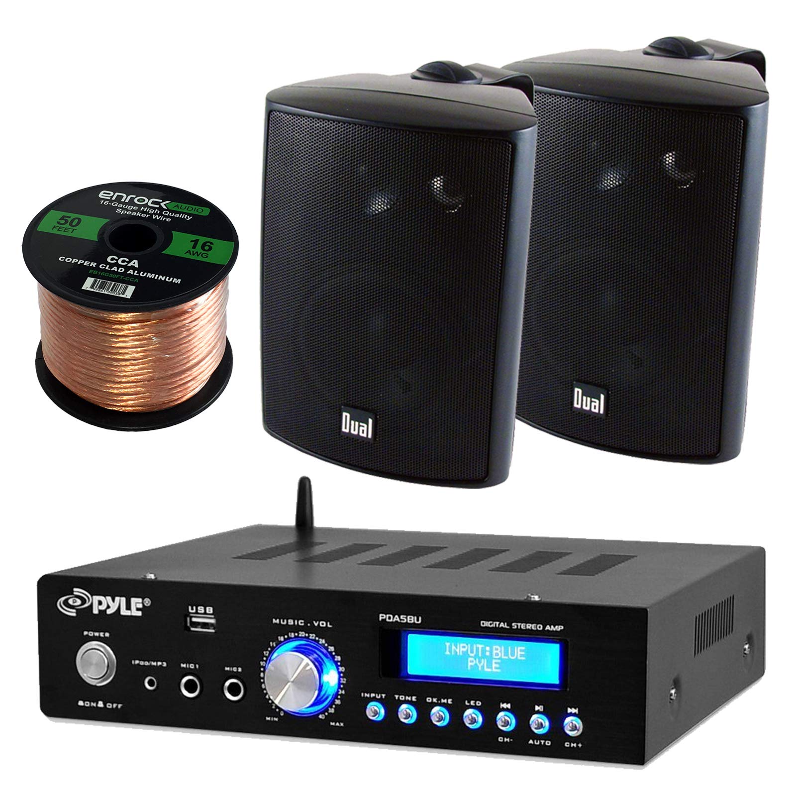 Pyle PDA5BU 200 Watt Bluetooth Stereo Amplifier Receiver with AM/FM Radio, USB Flash Reader, Aux Input & LCD Display - Includes Dual LU43PB Indoor/Outdoor Speakers & Enrock 50ft 16 Gauge Speaker Wire - Perfect for Home Theater, Garage, Patio and Outdoor Entertainment Systems