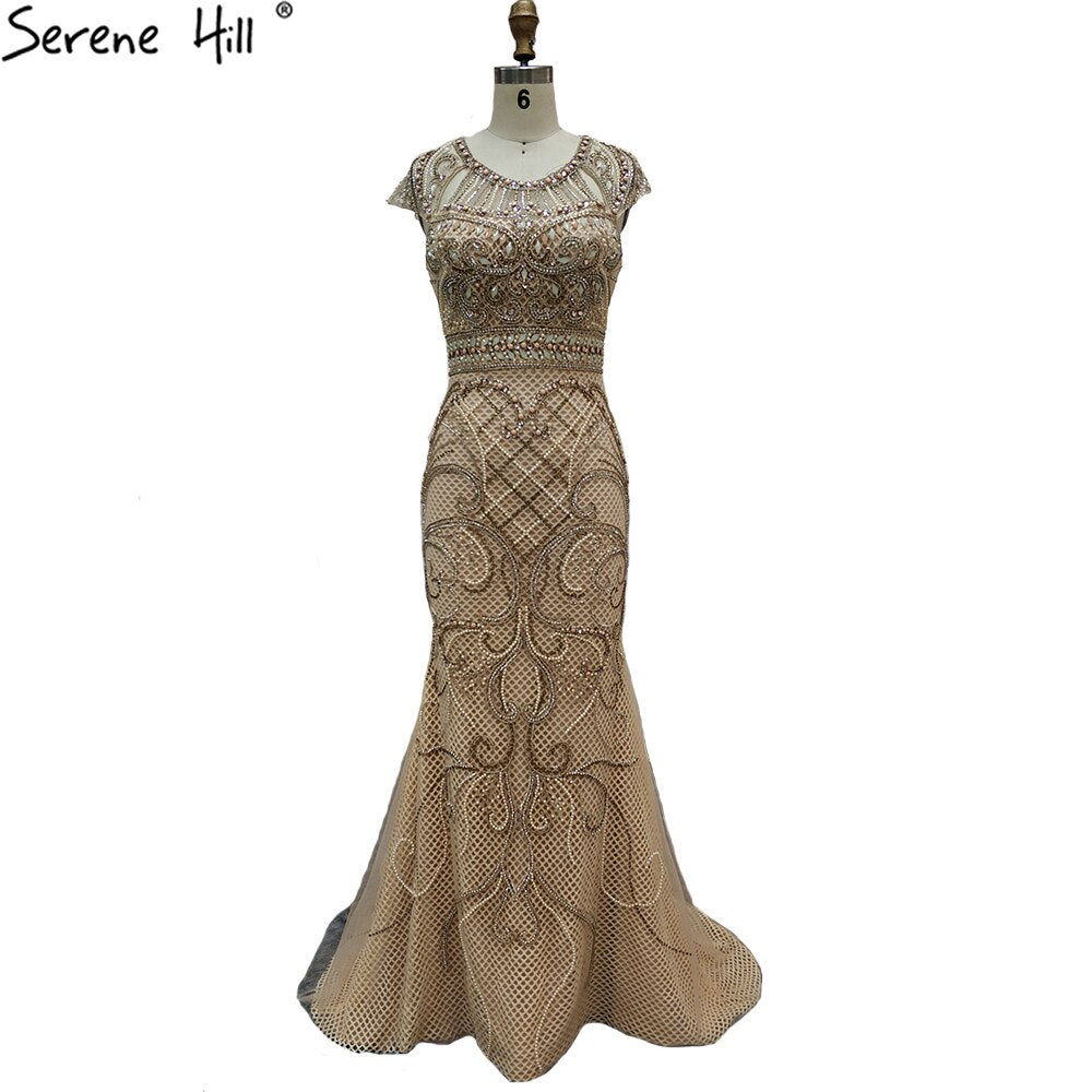 Serene Hill Gold Luxury Cap Sleeve Evening Dress Gown 2025 - Elegant Beaded Mermaid Formal Dress for Women - Perfect for Prom, Wedding, Gala & Special Occasions