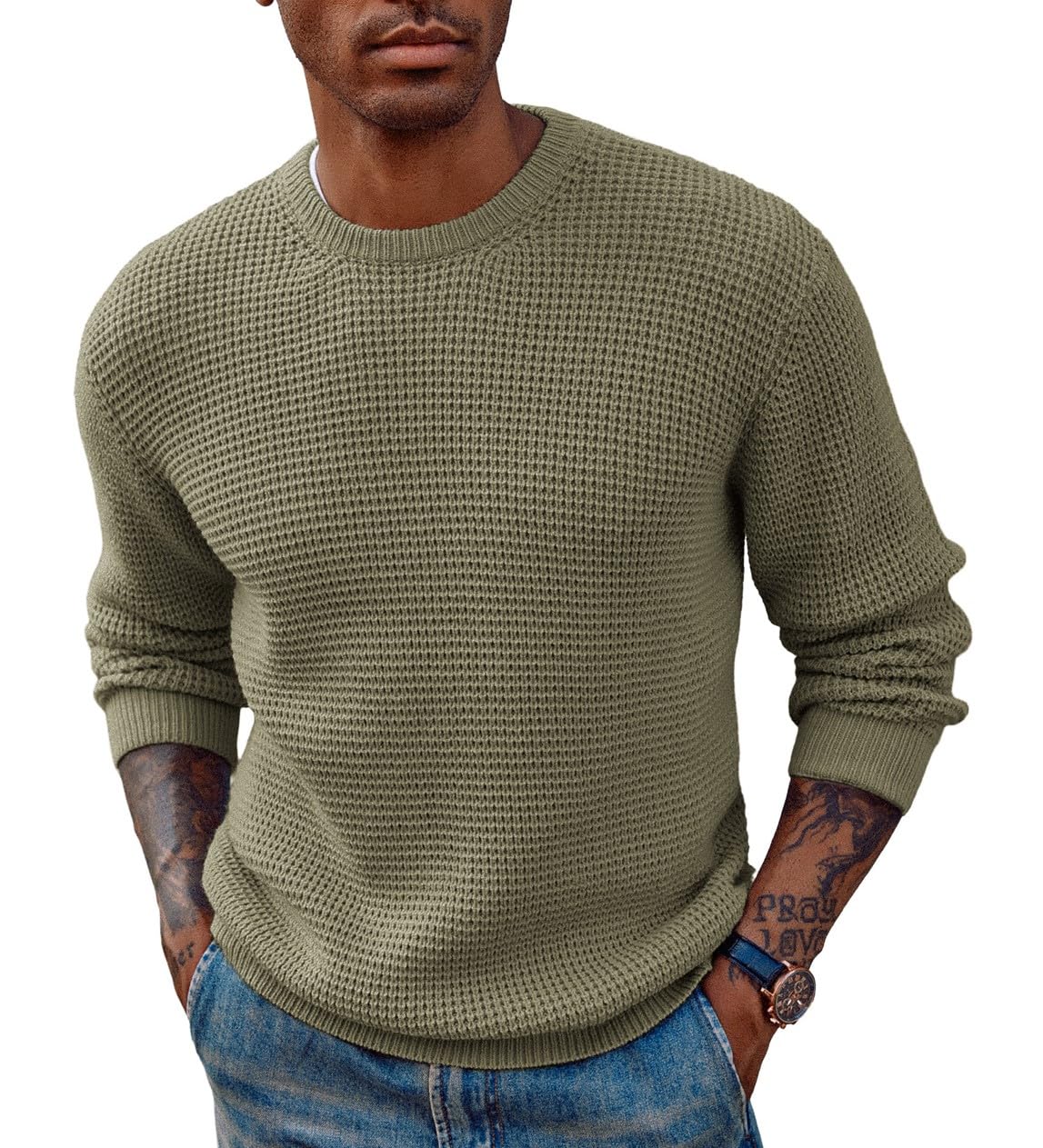 PJ PAUL JONES Men's Waffle Knit Crewneck Sweater - Long Sleeve Textured Pullover for Casual Wear, Office & Fall Outfits