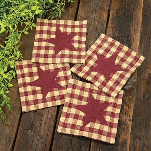 4-Pack Burgundy & Tan Check Star Applique Square Coasters - Elegant Drink Coasters for Home, Office, and Party Use
