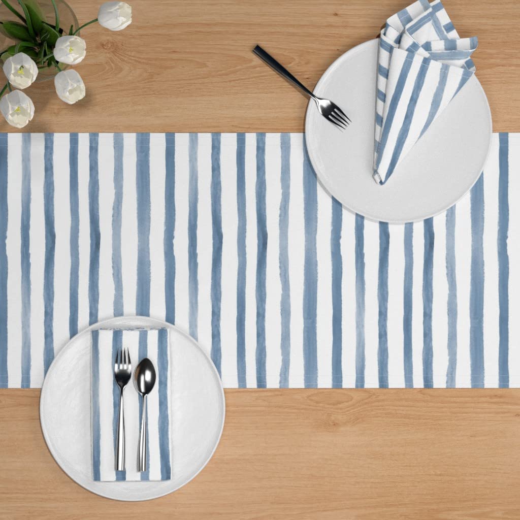 Blue Watercolor Stripes Cotton Sateen Table Runner 72