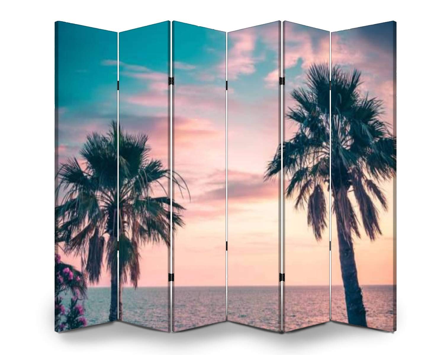 6 Panel Folding Room Divider - Tropical Palm Tree Sunset Canvas Privacy Screen for Bedroom, Office & Living Room | Freestanding Indoor Partition Wall with Nature Scenery | Perfect for Home Decor, Yoga Space & Nursery Separation
