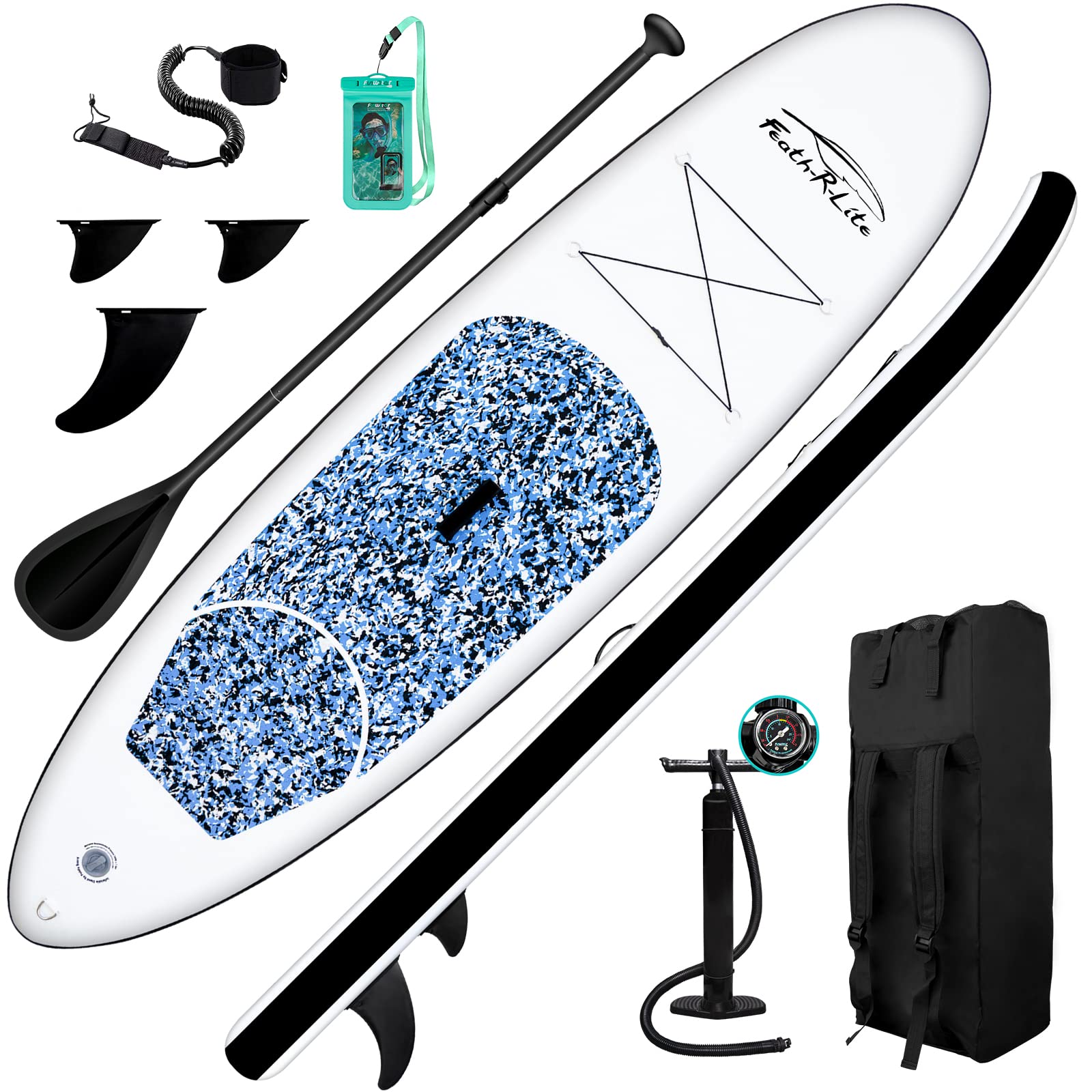 FEATH-R-LITE Inflatable Stand Up Paddle Board 10'x30''x6'' Ultra-Light (16.7lbs) SUP with Paddle, Pump, Backpack & Accessories - Portable for Yoga, Fishing & Beach Adventures