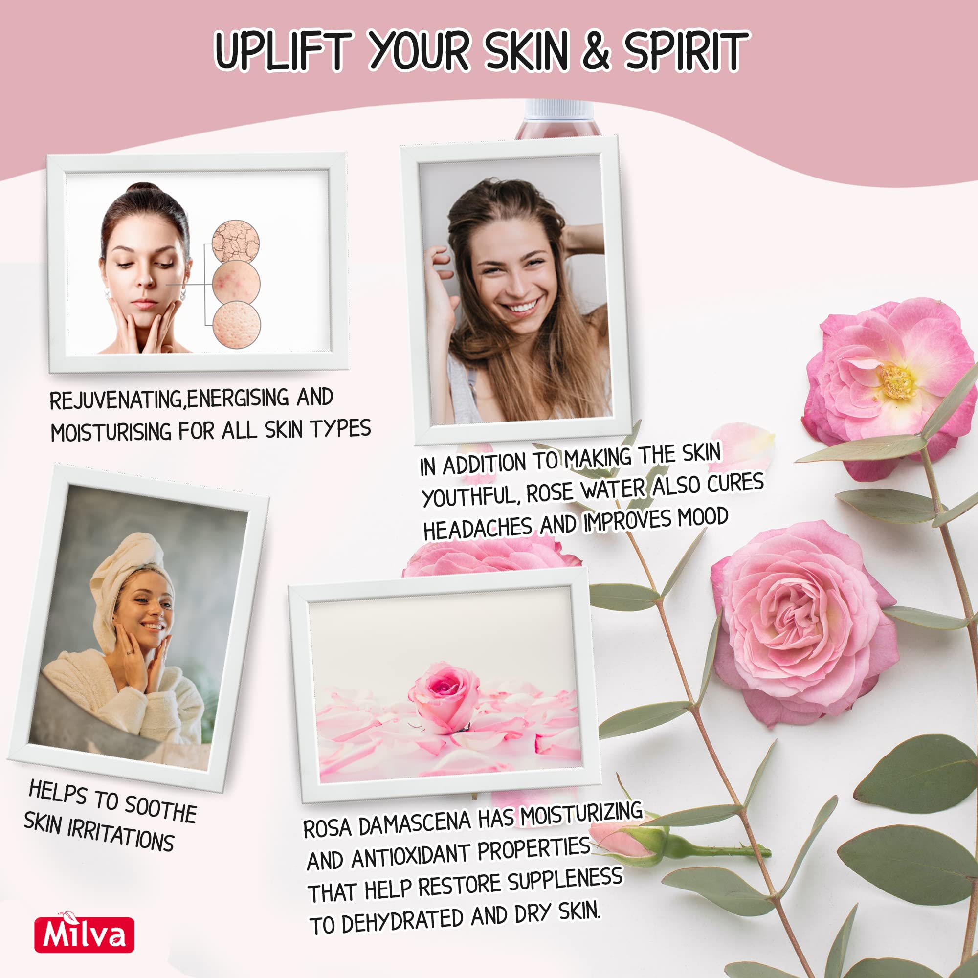Milva Rose Water Facial Mist with Bulgarian Rose Oil - Alcohol-Free Hydrating Toner & Makeup Remover - Pure Rosewater Spray for Face, Hair & Body Care (200ml) - Perfect for Dry Skin Refreshment & Post-Workout Hydration